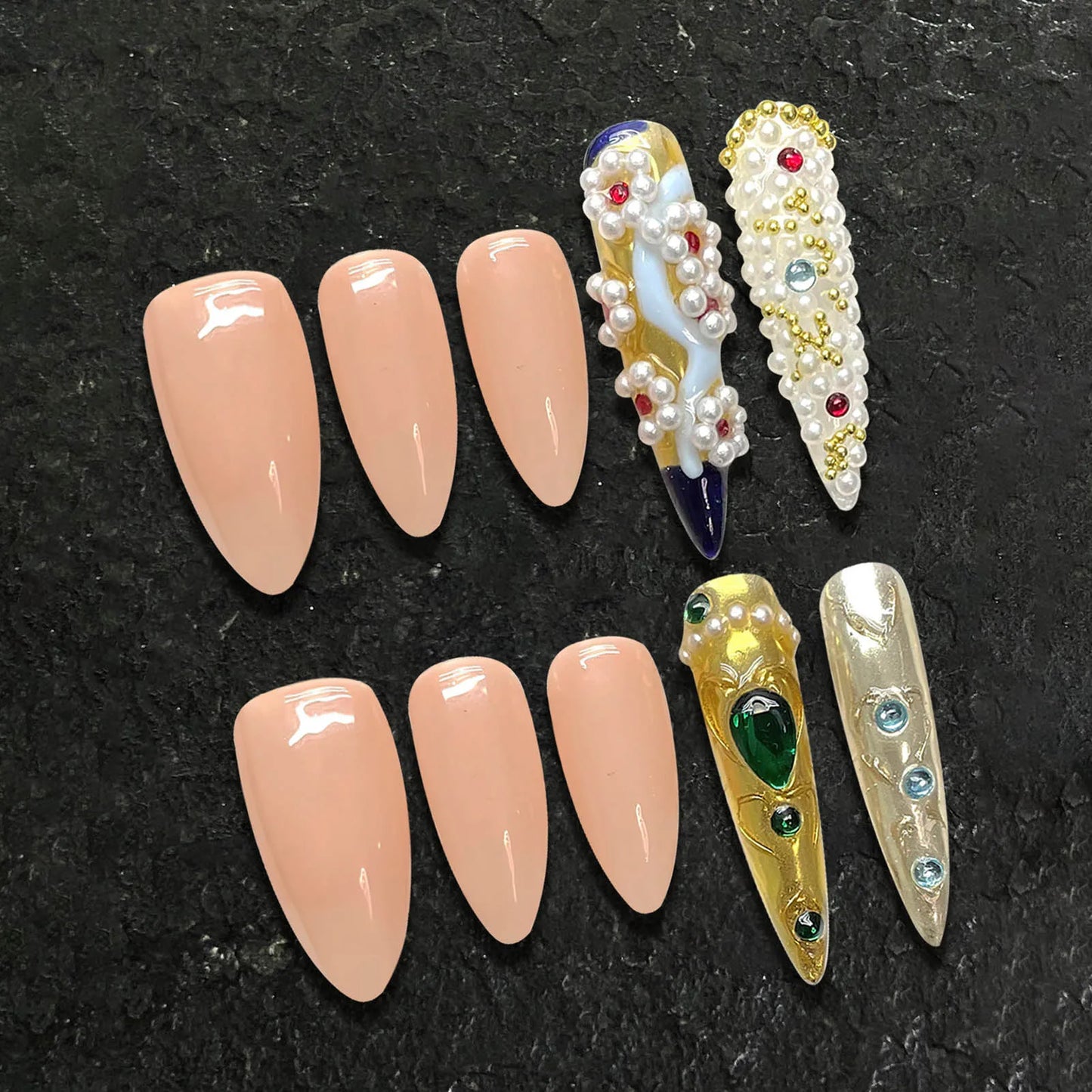 10 uñas postizas hechas a mano, estilo chino vintage, almendradas y largas, de lujo, con punta larga, artificiales.