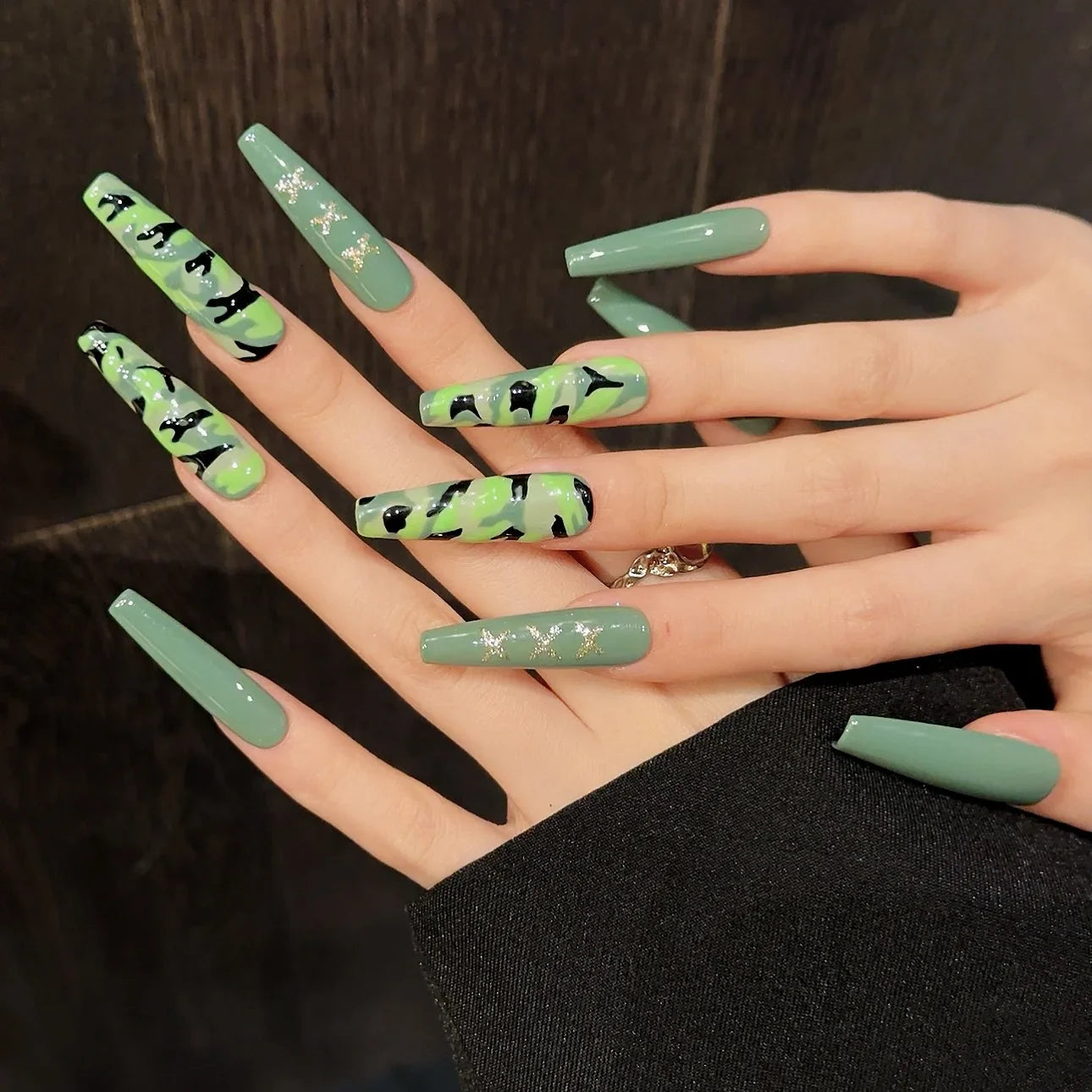 10 parches de uñas postizas largas color verde militar, estilo bailarina, para primavera y verano, fáciles de usar, hechos a mano, con cobertura completa, para manicura artística.