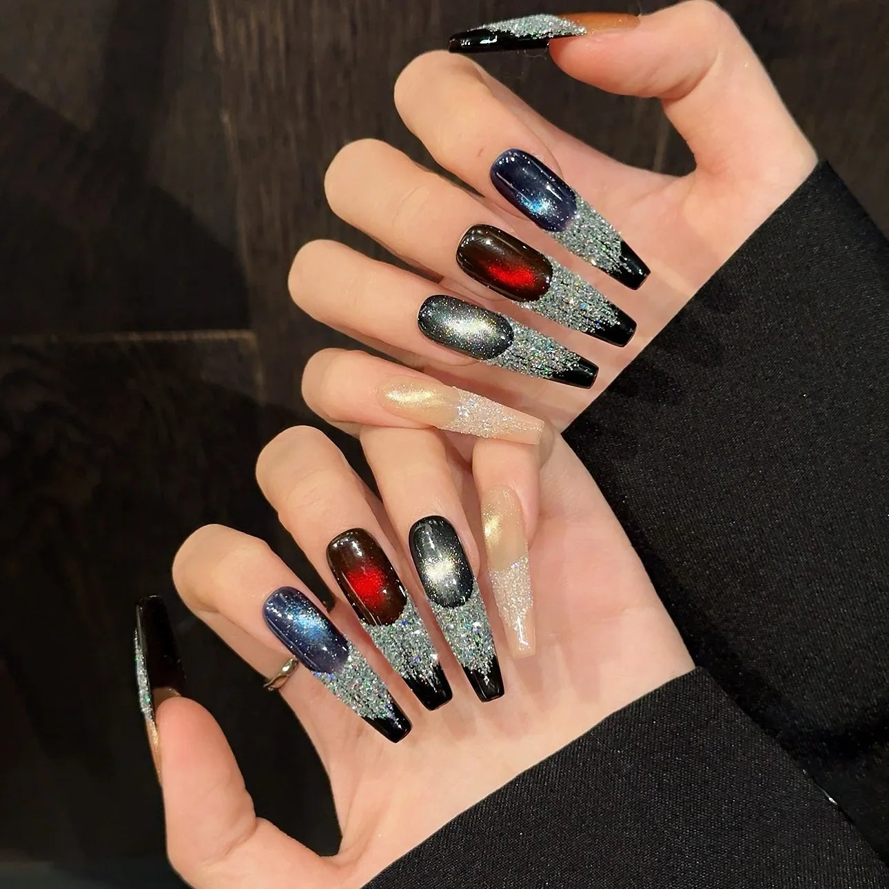 10 uñas postizas para niñas, con efecto ojo de gato, cielo estrellado, largas, hechas a mano, con diamantes brillantes, estilo Y2K.