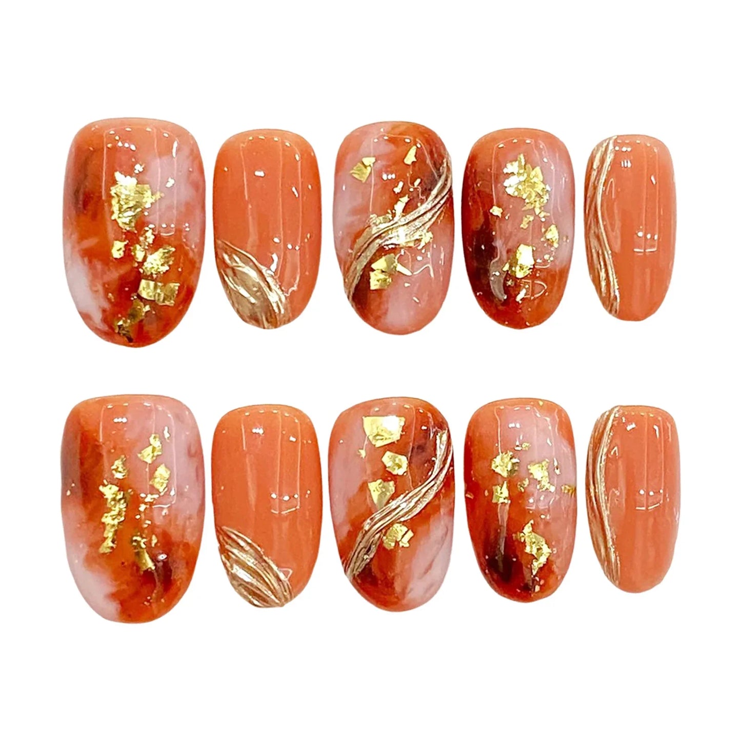 10 uñas postizas hechas a mano con diseño de lámina dorada brillante y naranja, estilo japonés, para mujeres y niñas.