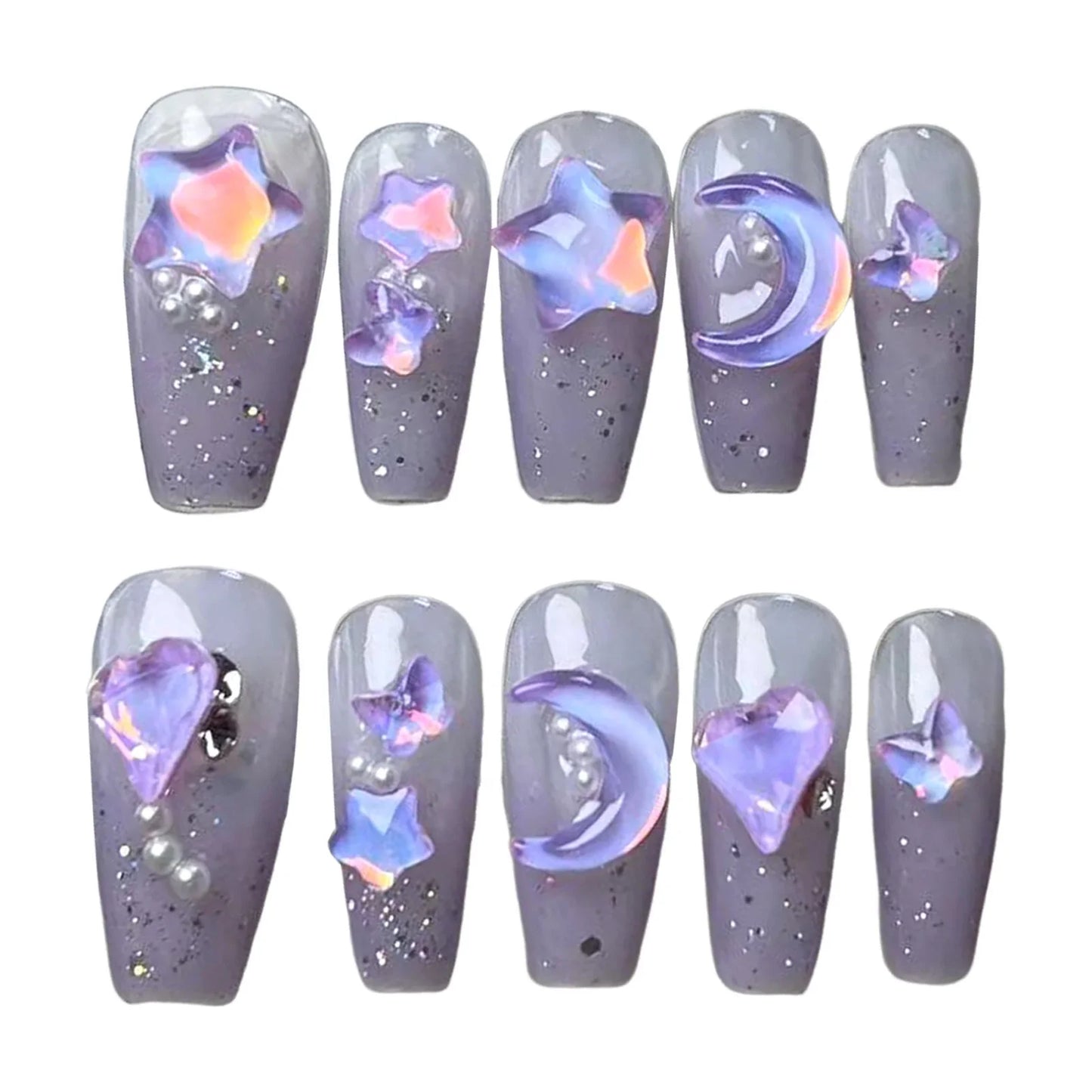 10 uñas postizas desmontables de color crema de azúcar, brillantes, hechas a mano, moradas brillantes, con diseño de luna y estrella 3D.