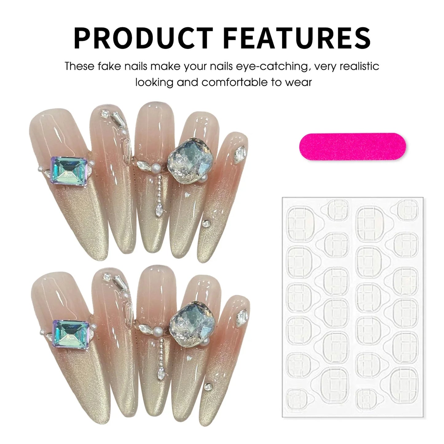 10 uñas postizas largas de ballet con purpurina, color champán, dorado, rubor francés, estilo ojo de gato, hechas a mano, con destellos de diamante.