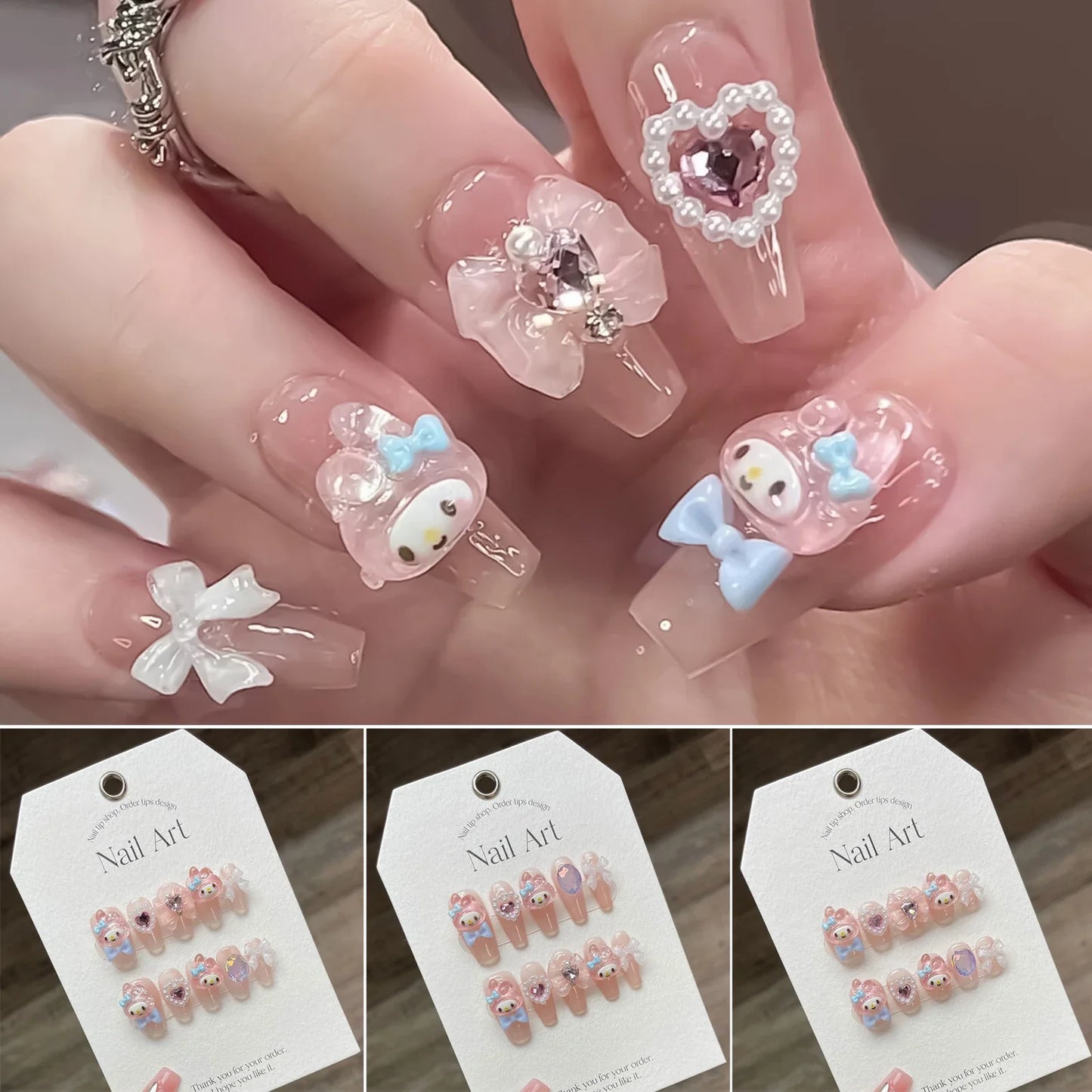 10 uñas postizas hechas a mano, color rosa claro, con diseño de dibujos animados, parches con lazos 3D y perlas, puntas de uñas postizas coreanas.