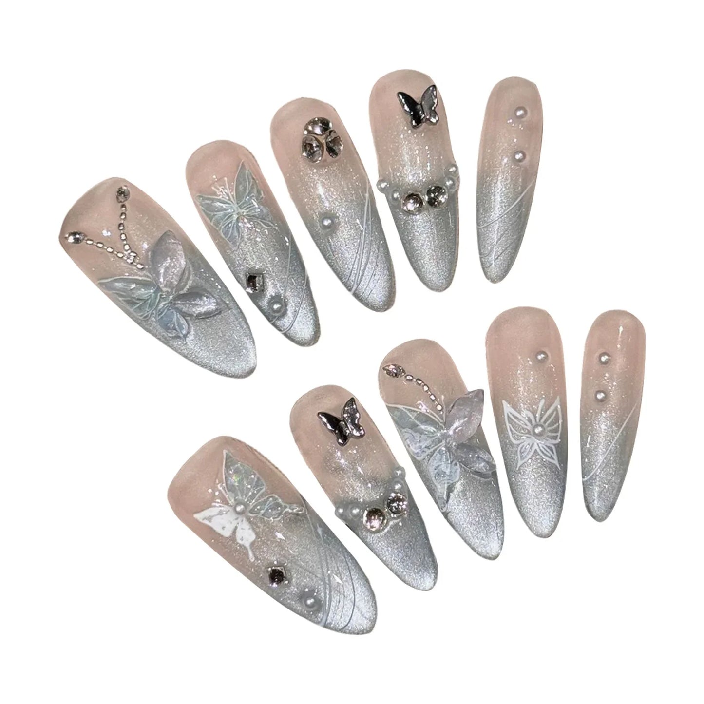 10 uñas postizas largas de almendra hechas a mano con purpurina, diseño de ojo de gato, con decoración de mariposa y diamante metálico, manicura francesa.
