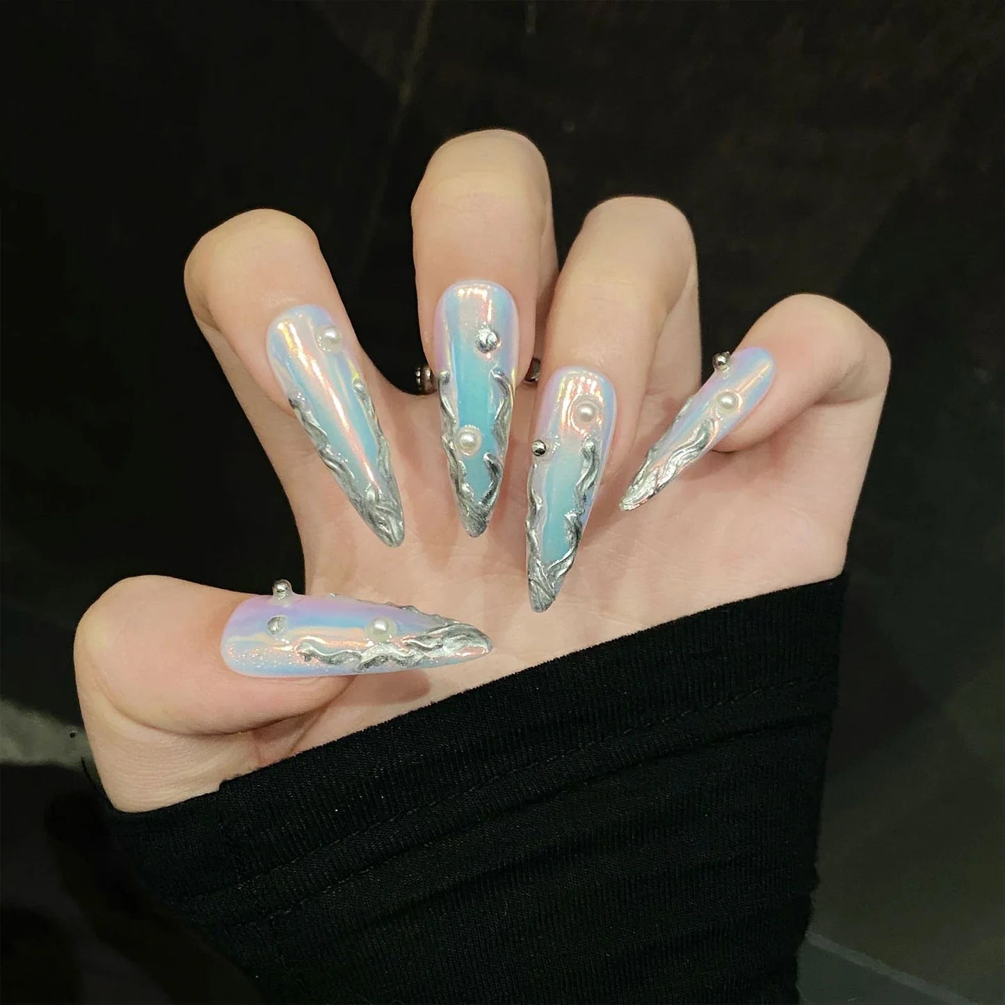 Juego de 10 uñas postizas Aurora hechas a mano con forma de T corta y stiletto largo, diseños de metal plateado, uñas postizas Spicy Girl.