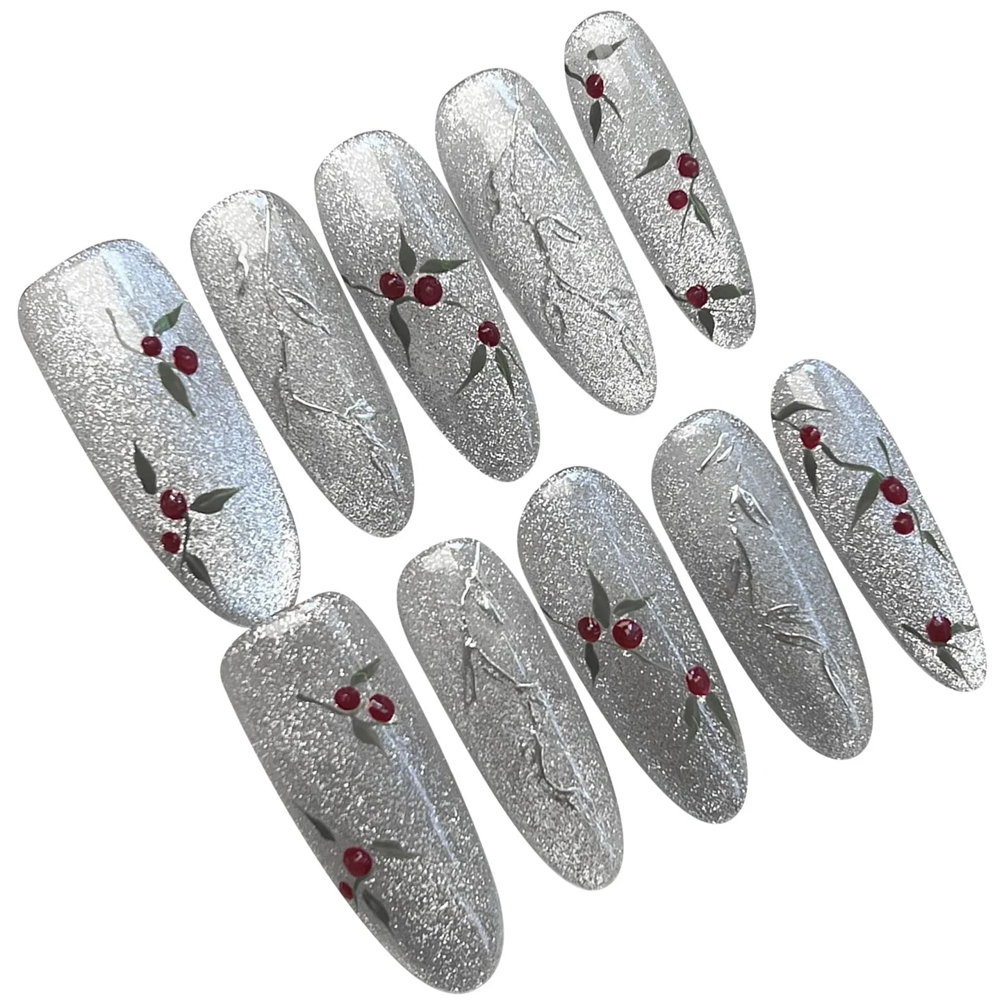 10 uñas postizas plateadas hechas a mano, largas, almendradas, con destellos, estilo ojo de gato, uñas postizas pintadas a mano con diseños de cerezas para mujer.