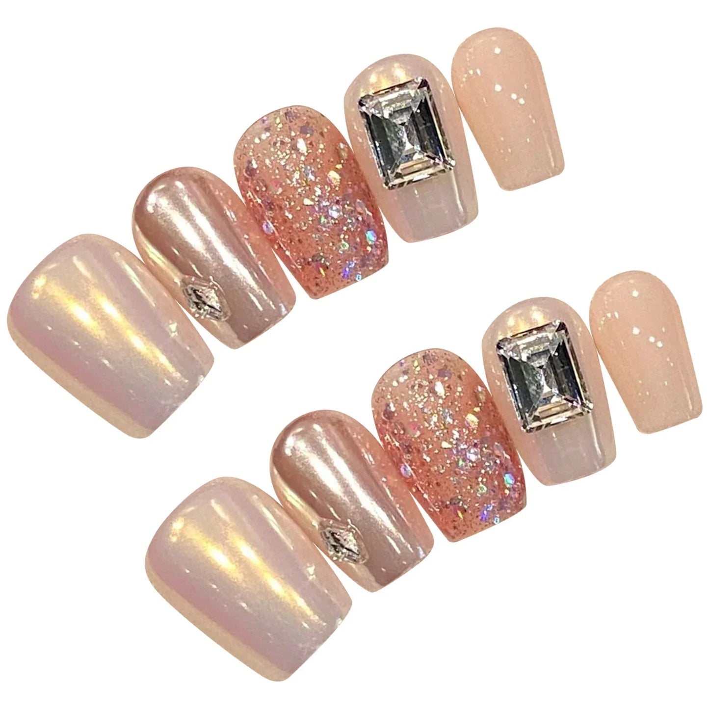 10 uñas postizas cuadradas cortas a presión, color rosa aurora, con brillantes diseños de diamantes de imitación, hechas a mano, con lentejuelas brillantes.