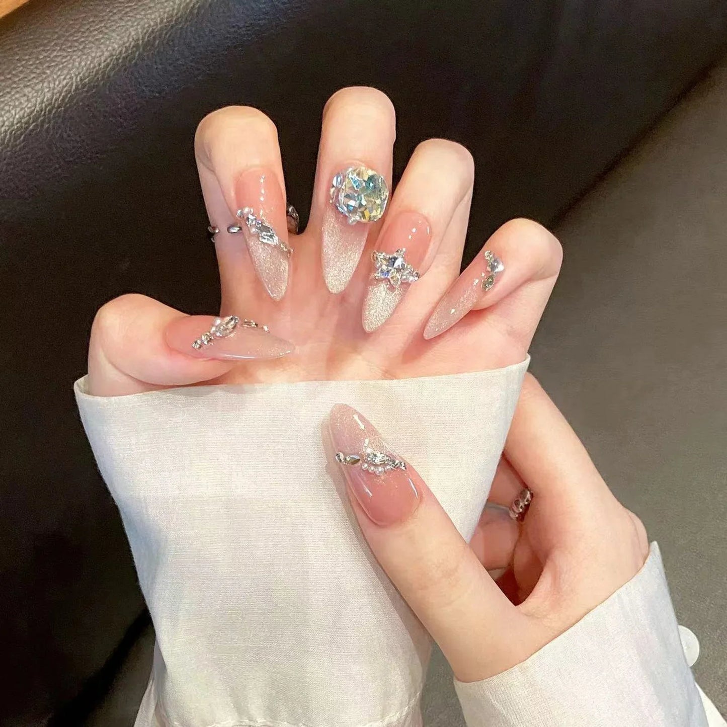 10 uñas postizas de lentejuelas con diseño de ojo de gato, hechas a mano, color rosa, con diseños de diamantes brillantes, reutilizables, francesas.