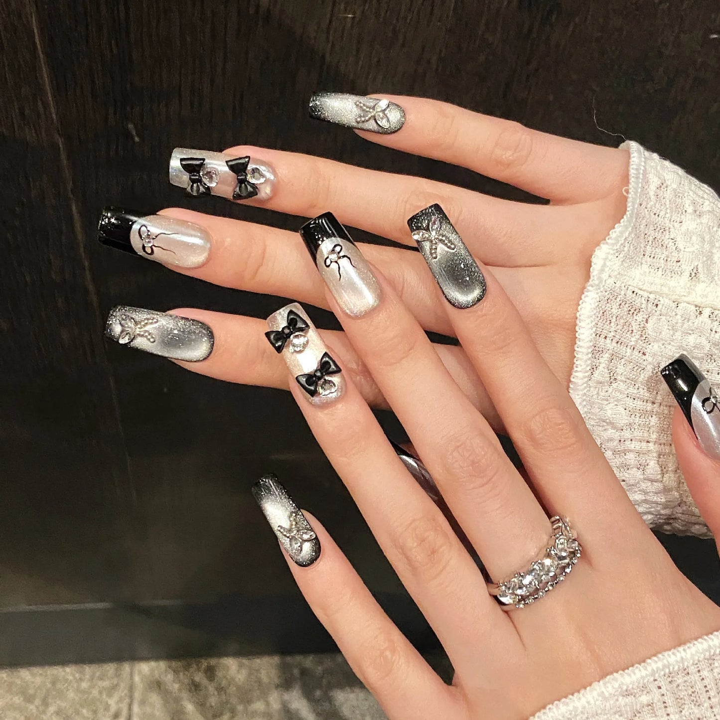 10pcs Black French Handmade Fake Nails Y2k Black Bowknots Butterfly Diamond Press On Nail Glossy Cat Eye Sweet Cool False Nails