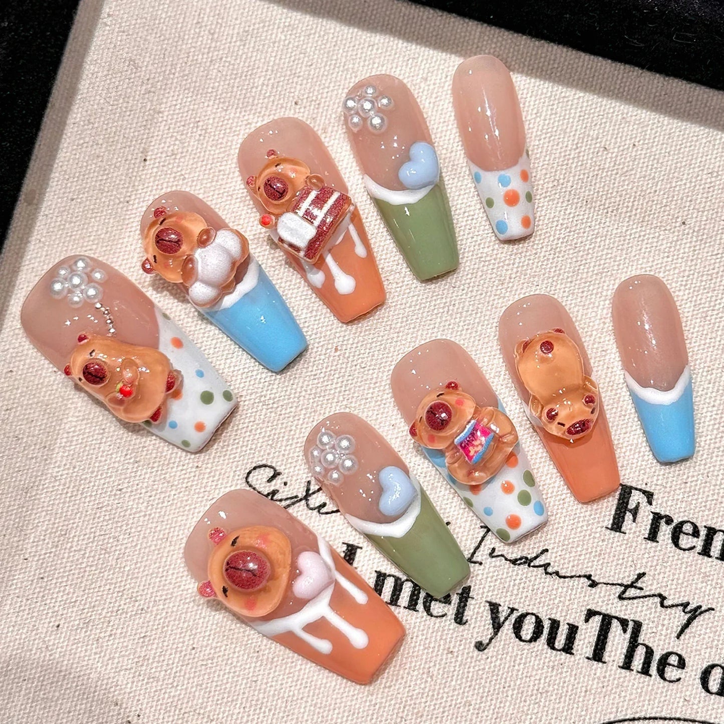 10 uñas postizas Kapibala hechas a mano, color rosa rubor, pintadas a mano, estilo francés, con lazos decorativos, uñas postizas para usar.