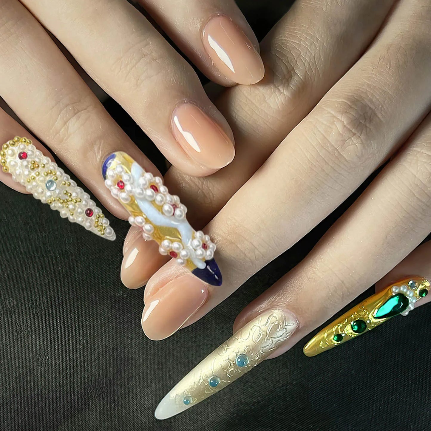 10 uñas postizas hechas a mano, estilo chino vintage, almendradas y largas, de lujo, con punta larga, artificiales.