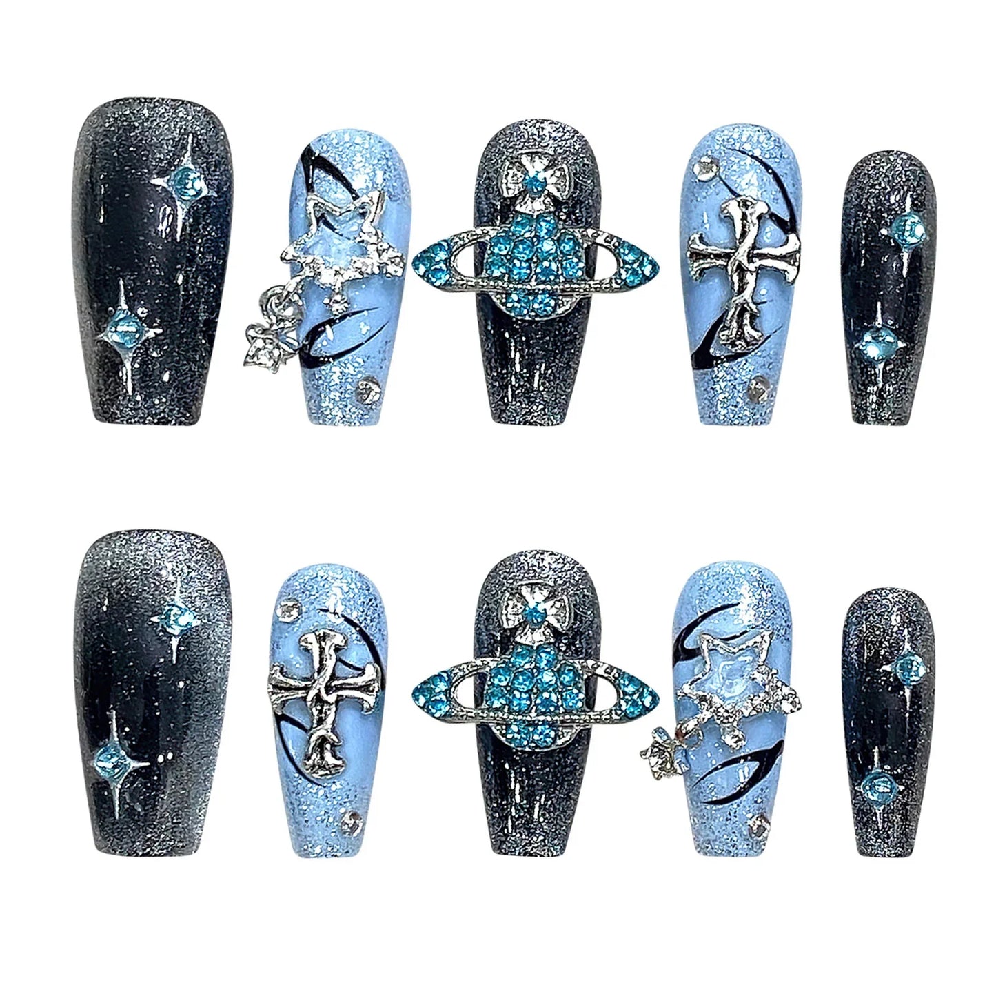 10 uñas postizas estilo Y2k, hechas a mano, en azul brillante, con diseños de cruz de diamantes brillantes, uñas postizas desmontables.