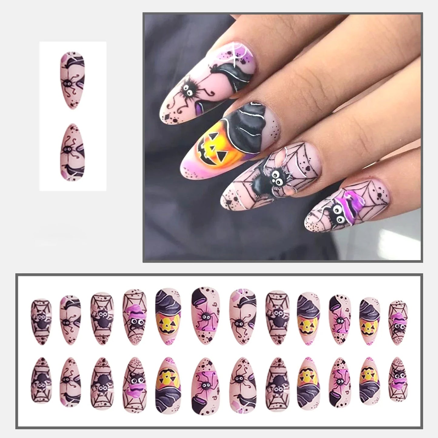24 parches de uñas postizas de almendra para usar, con temática de Halloween, con diseño de araña bailando, murciélago y calabaza, manicura DIY.