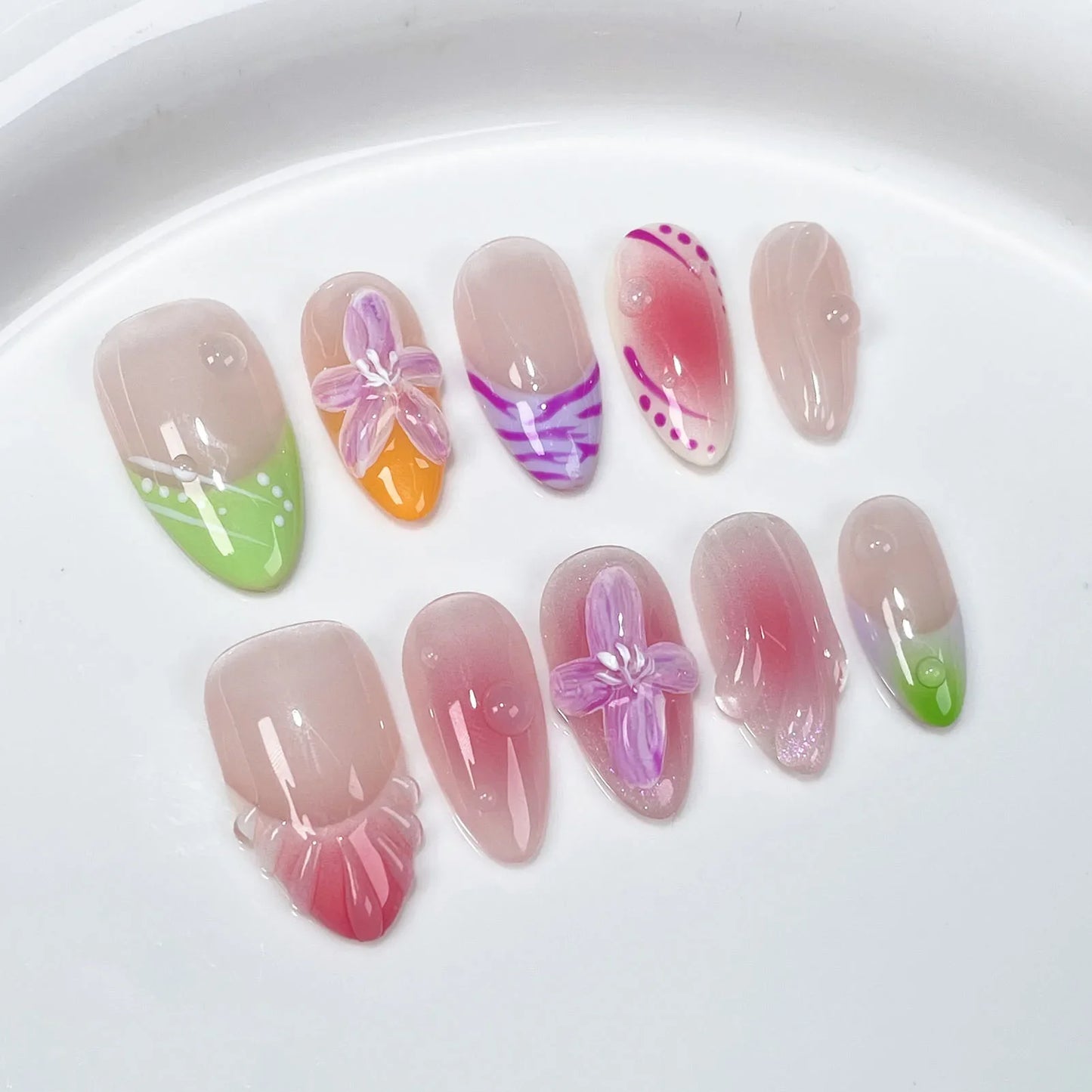 10pcs Blush Pink Press On Nails Handmade 3D Flower False Nail Patches Reusable French Style Glossy Almond Fake Nail Tips Art
