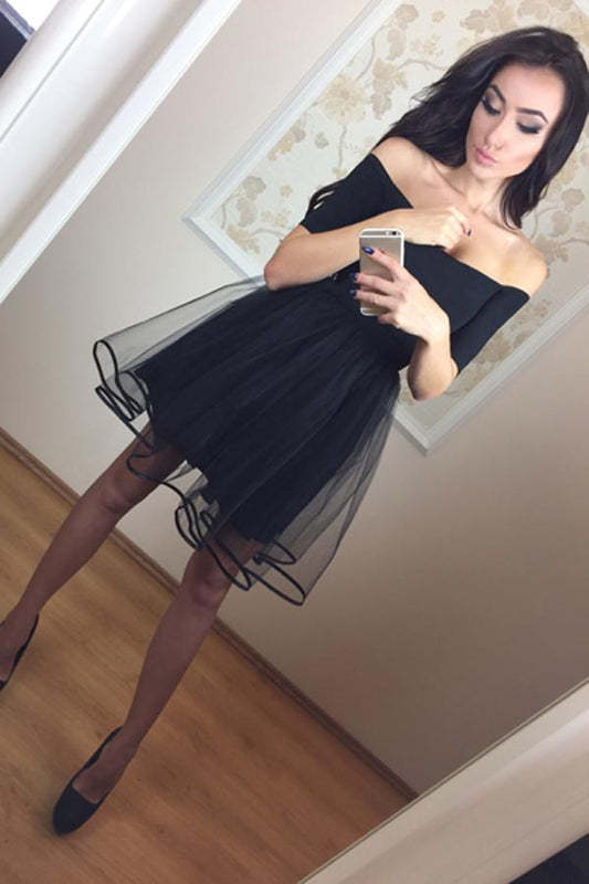 Vestido negro de fiesta con hombros descubiertos y manga corta, vestido de fiesta corto de tul