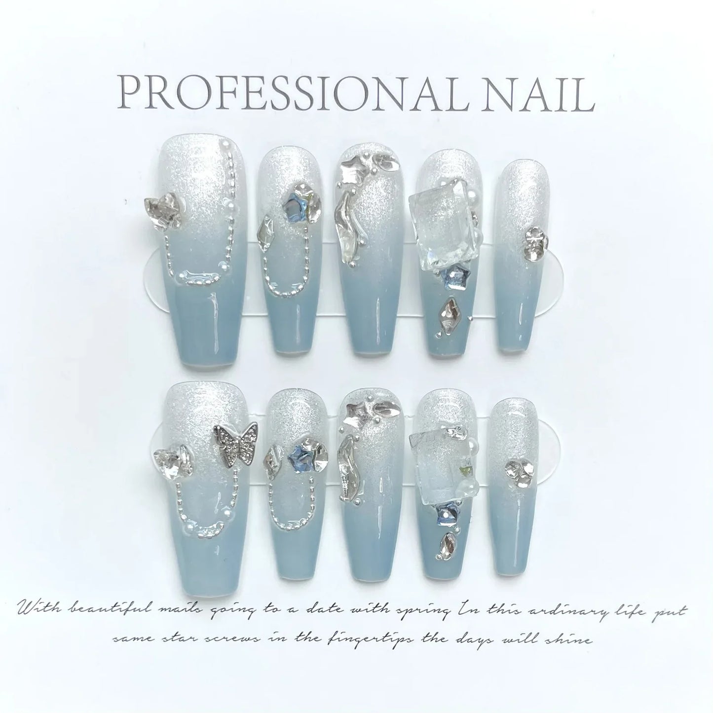 10 uñas postizas en degradado azul, hechas a mano, estilo francés, con cadena de destellos, decoración de diamantes de imitación, uñas postizas usables.