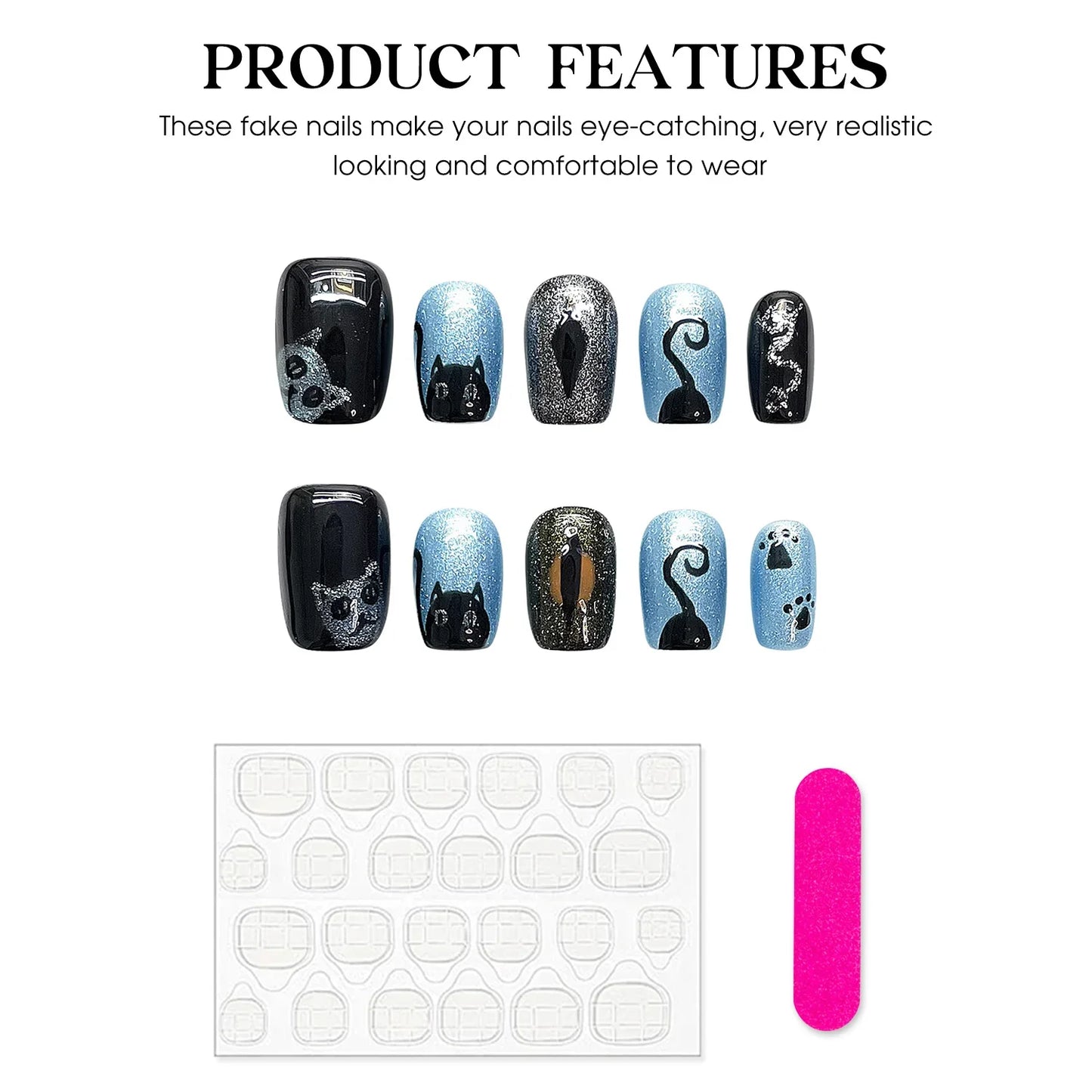 10 uñas postizas brillantes en azul y negro, hechas a mano, cortas, cuadradas, con diseño de gato, pintadas a mano.