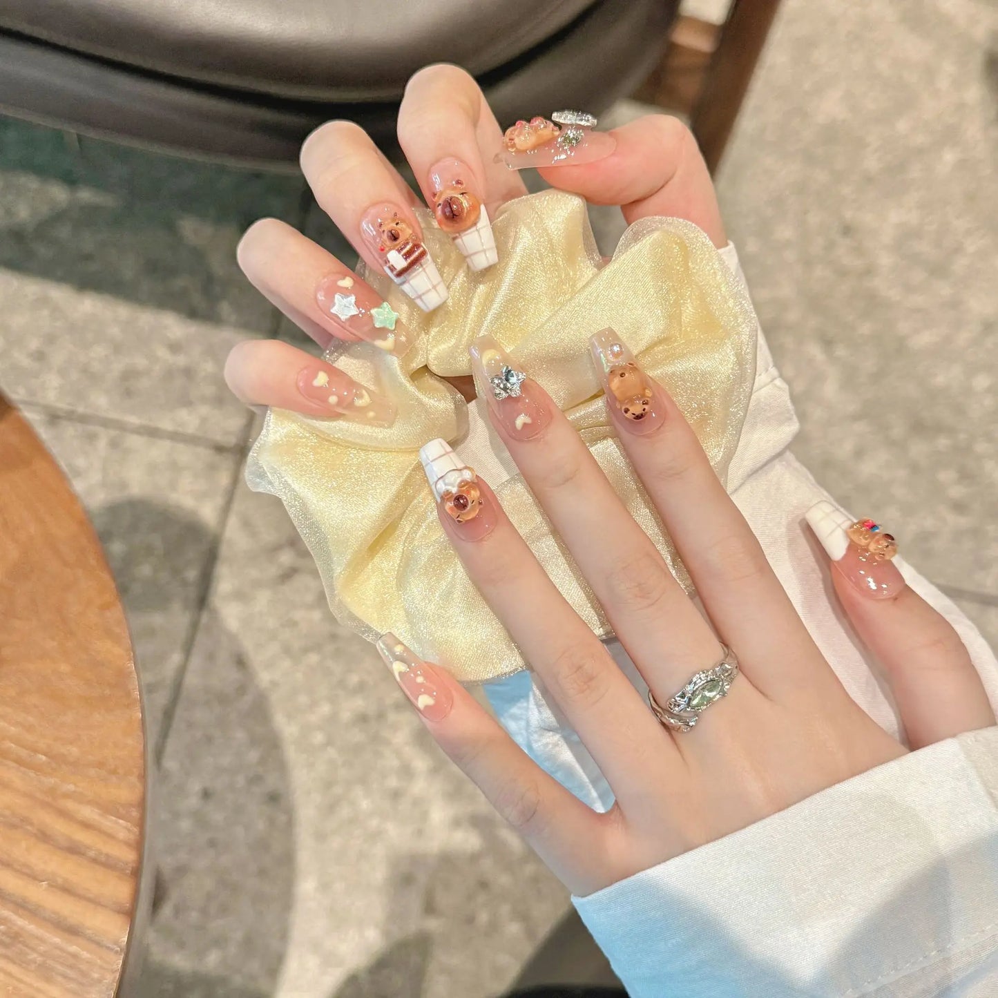 10 uñas postizas Kapibala hechas a mano, color rosa rubor, pintadas a mano, estilo francés, con lazos decorativos, uñas postizas para usar.