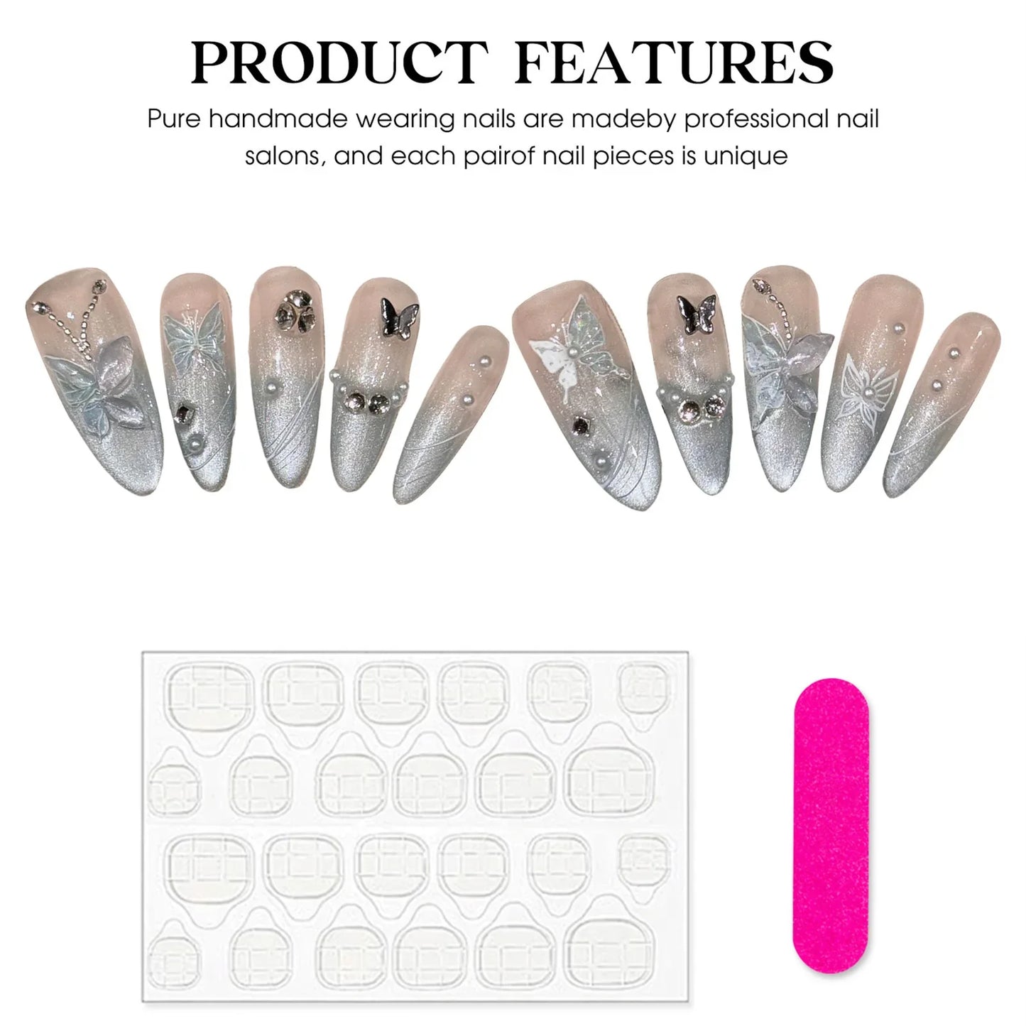 10 uñas postizas largas de almendra hechas a mano con purpurina, diseño de ojo de gato, con decoración de mariposa y diamante metálico, manicura francesa.