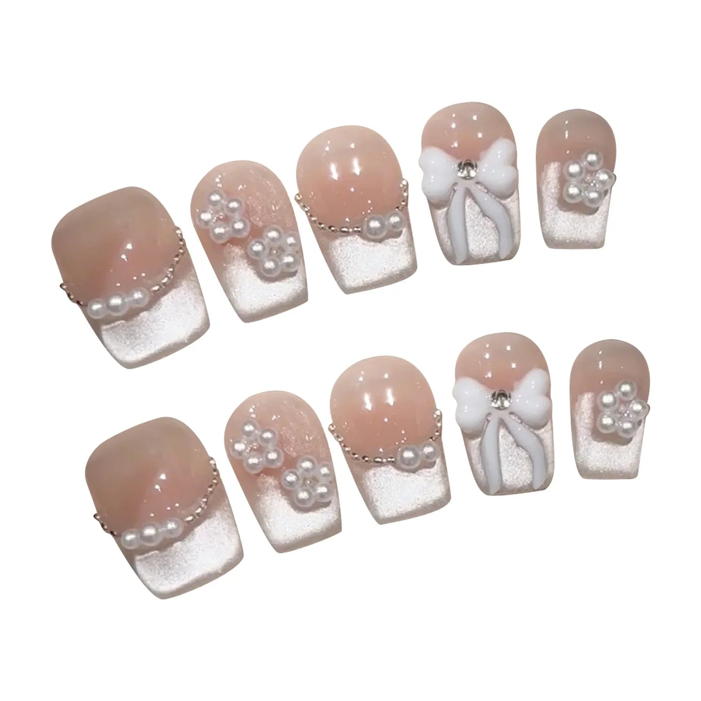 10 Stück handgefertigte nackte künstliche Nägel, erröten rosa, glänzendes Katzenauge, zum Aufdrücken der Nägel, Schleifendesign, französische künstliche Nägel, wiederverwendbare Maniküre