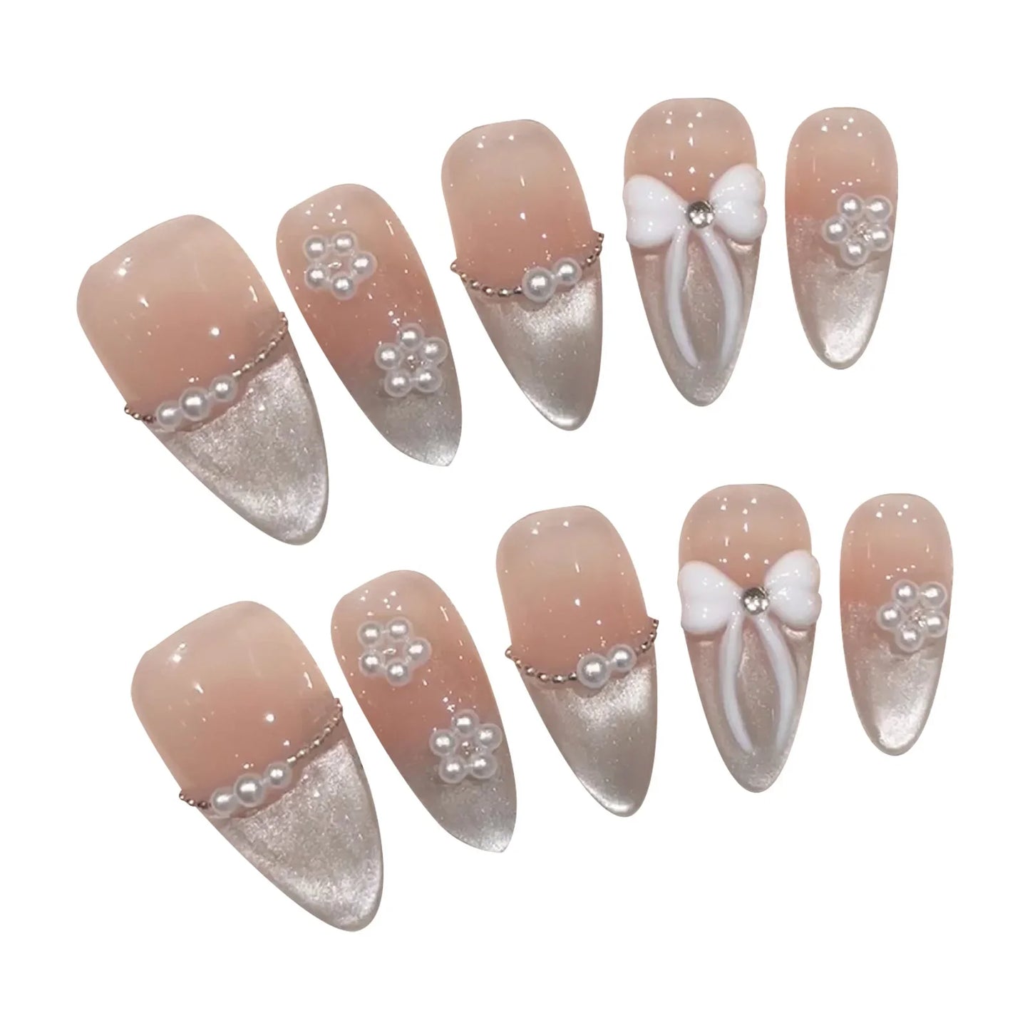 10 Stück handgefertigte nackte künstliche Nägel, erröten rosa, glänzendes Katzenauge, zum Aufdrücken der Nägel, Schleifendesign, französische künstliche Nägel, wiederverwendbare Maniküre