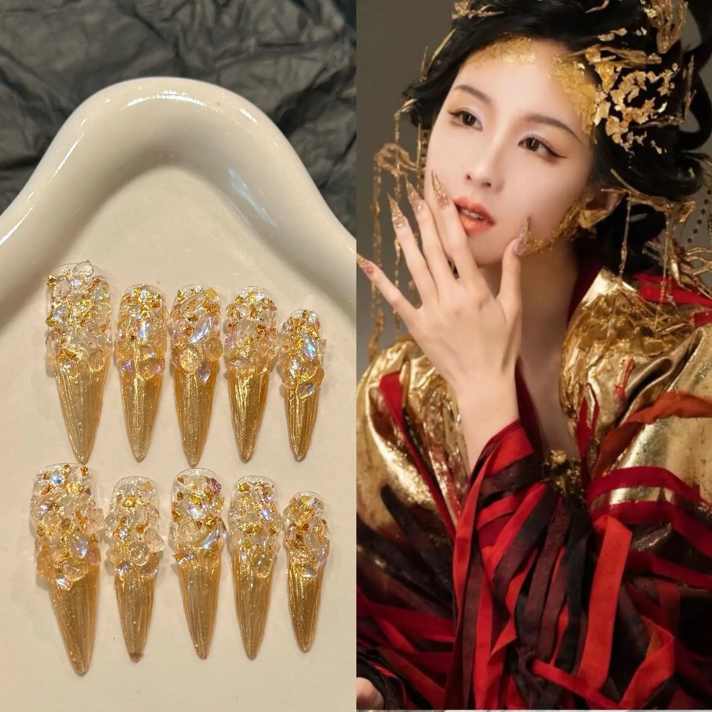 10 uñas postizas hechas a mano con diamantes brillantes, ligeras, de lujo, largas y puntiagudas, cobertura completa, uñas postizas Y2k, regalos de Año Nuevo.