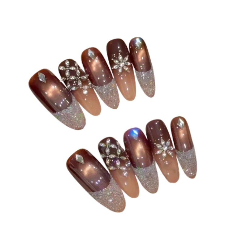 10 uñas postizas hechas a mano con diamantes brillantes, estilo francés, ligeras y de lujo, color marrón, ojo de gato, almendra.