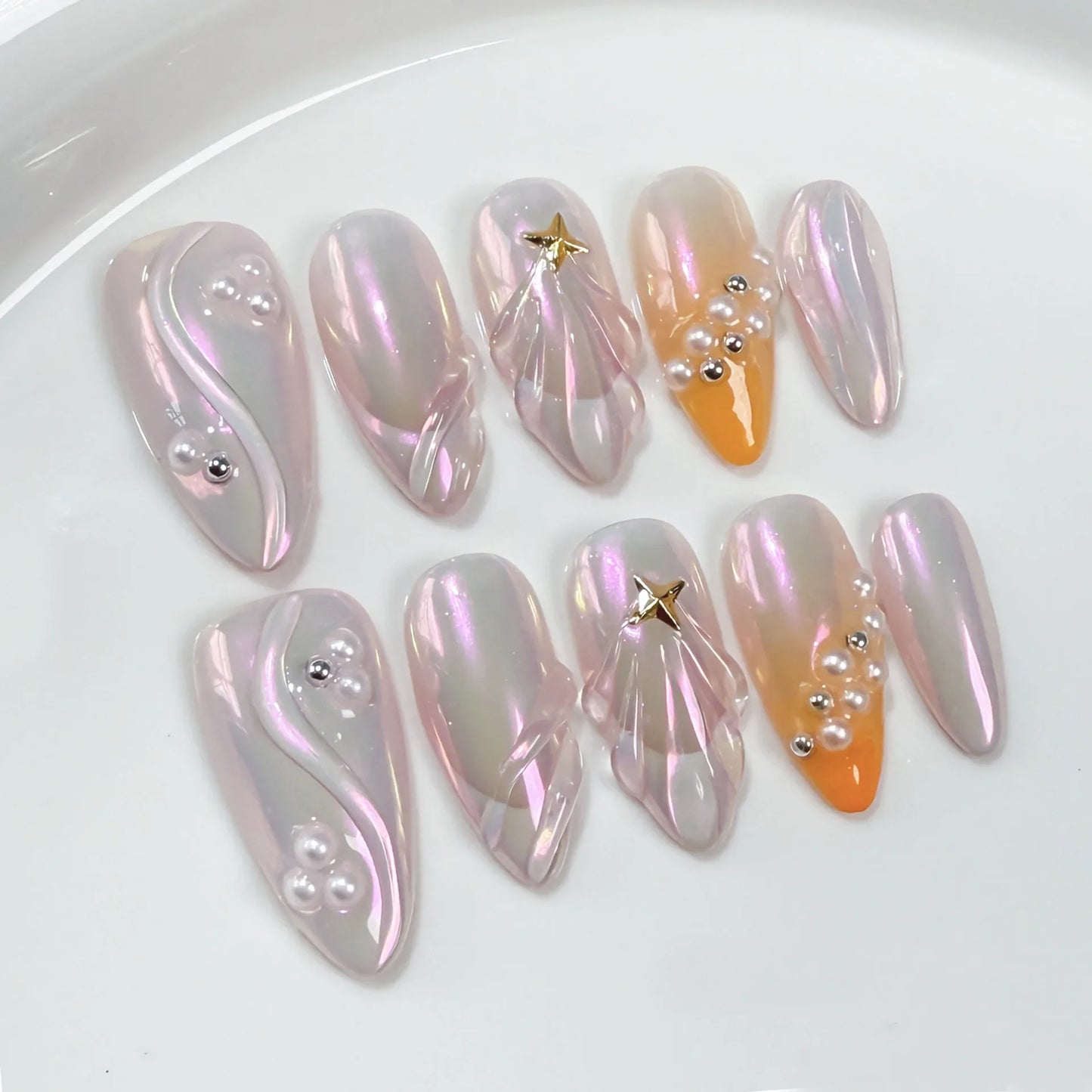 10pcs Aurora French Press On Nails 3D Seashells Pearl Y2k Star Designs Relif Fake Nails Gradient Orange Almond Handmade Manciure