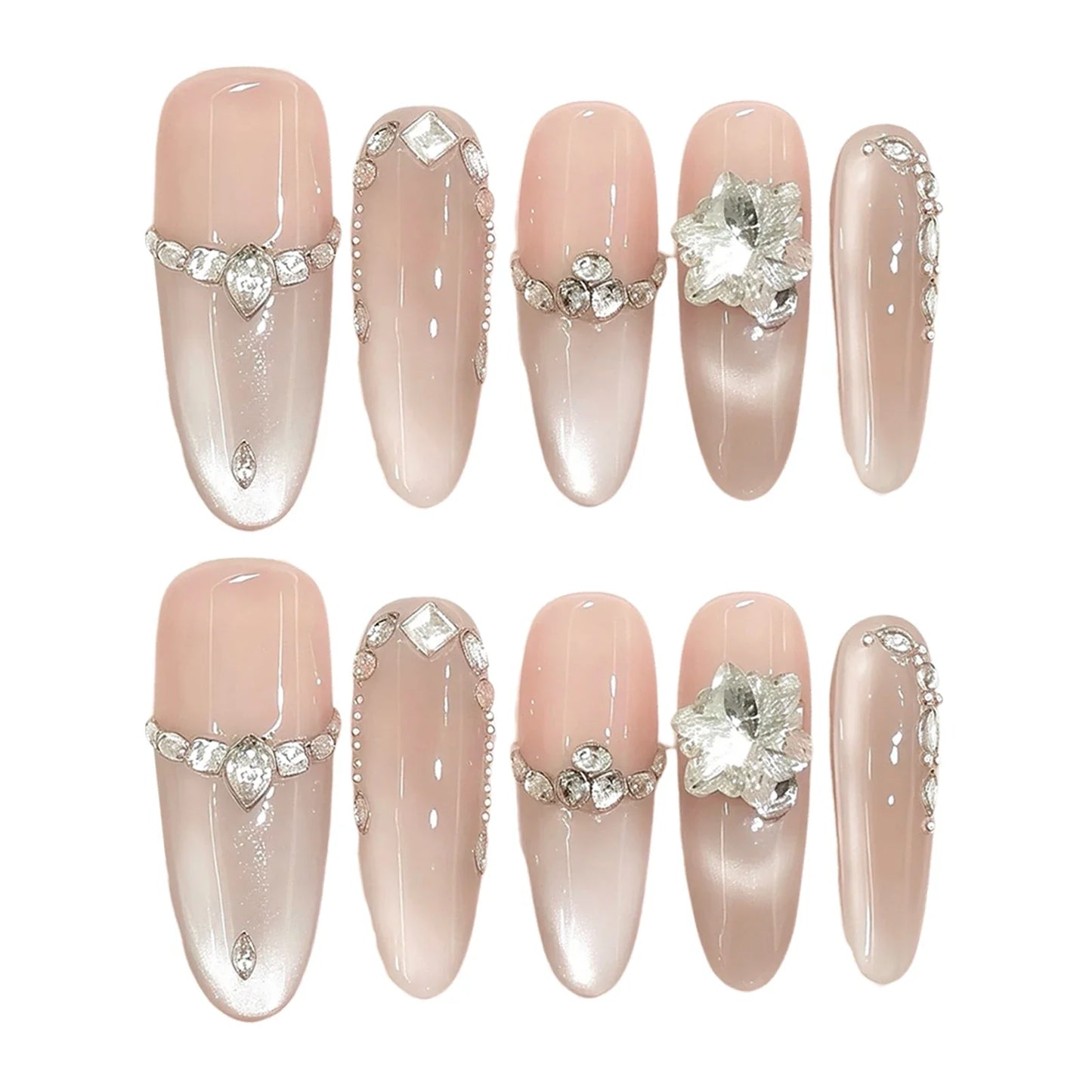 10 uñas postizas hechas a mano, color nude puro, ojo de gato, rosa claro, brillantes, estilo francés, para usar.