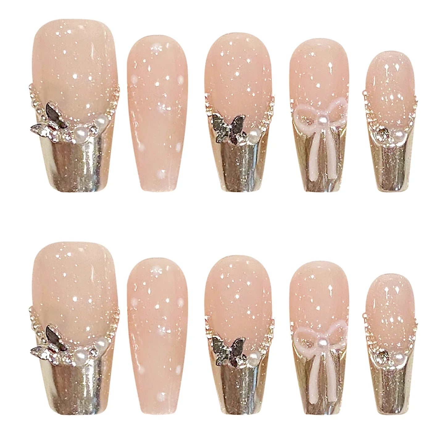 10 uñas postizas francesas hechas a mano, de longitud media, estilo ataúd, con diseño de mariposas, perlas y lazos de metal.