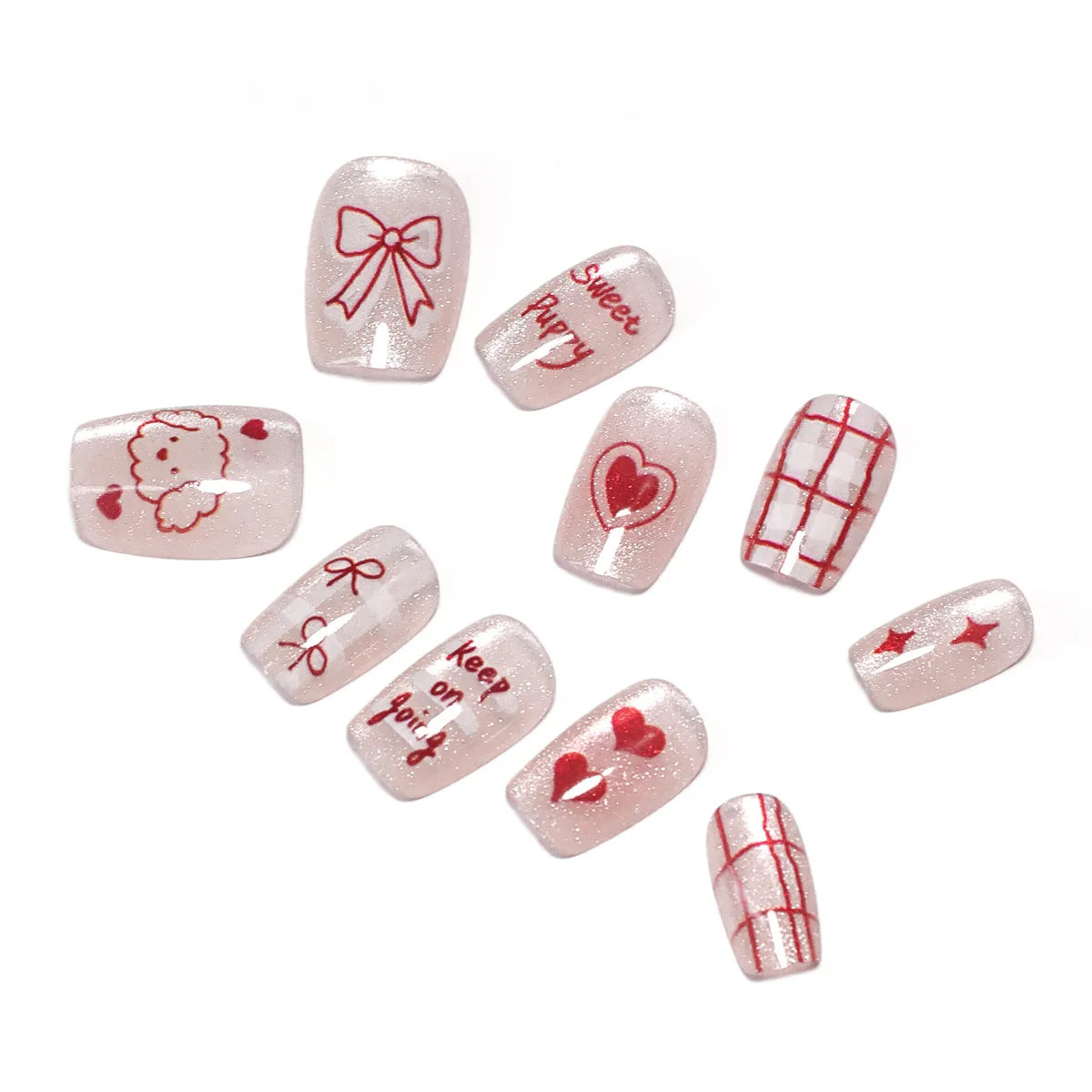 10 uñas postizas hechas a mano con diseño de perro kawaii, diseño de ojo de gato, lazos rojos, diseño de corazón, uñas postizas encantadoras.