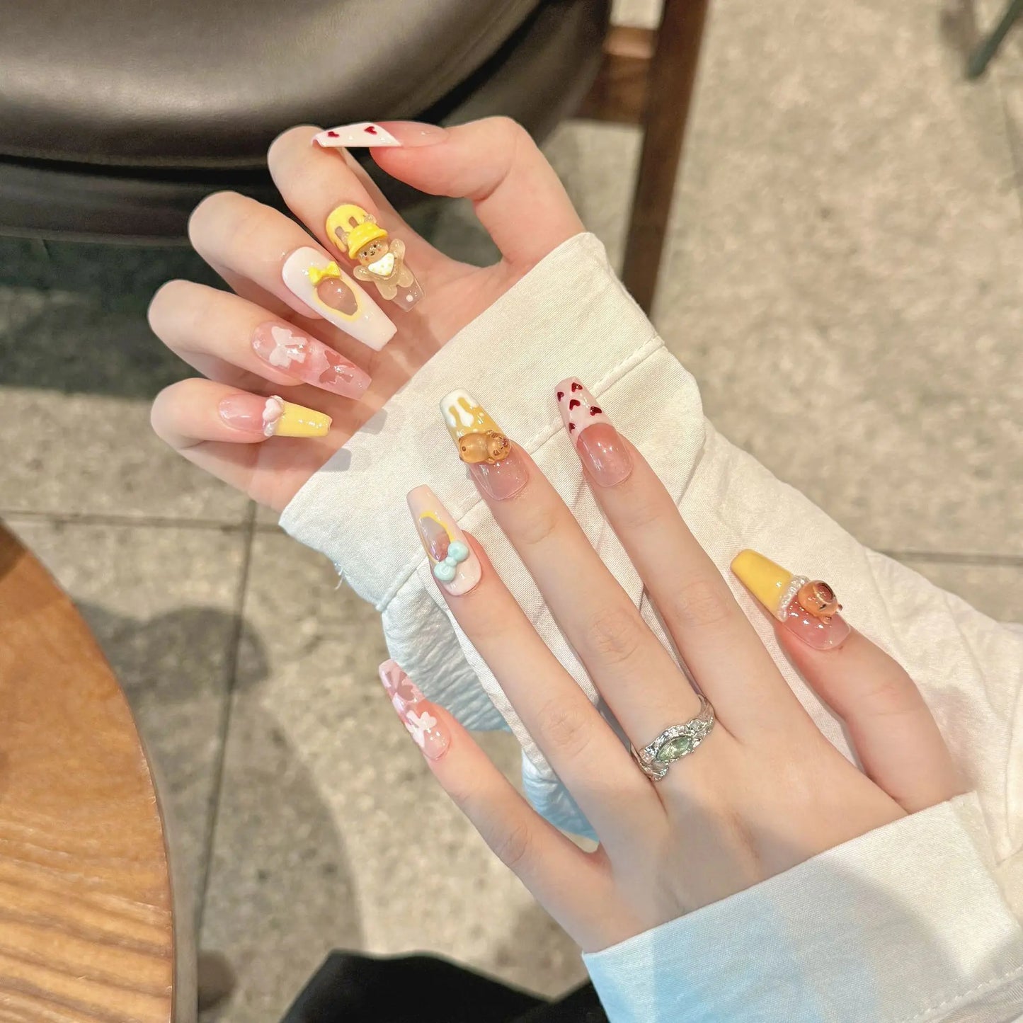 10 uñas postizas Kapibala hechas a mano, color rosa rubor, pintadas a mano, estilo francés, con lazos decorativos, uñas postizas para usar.