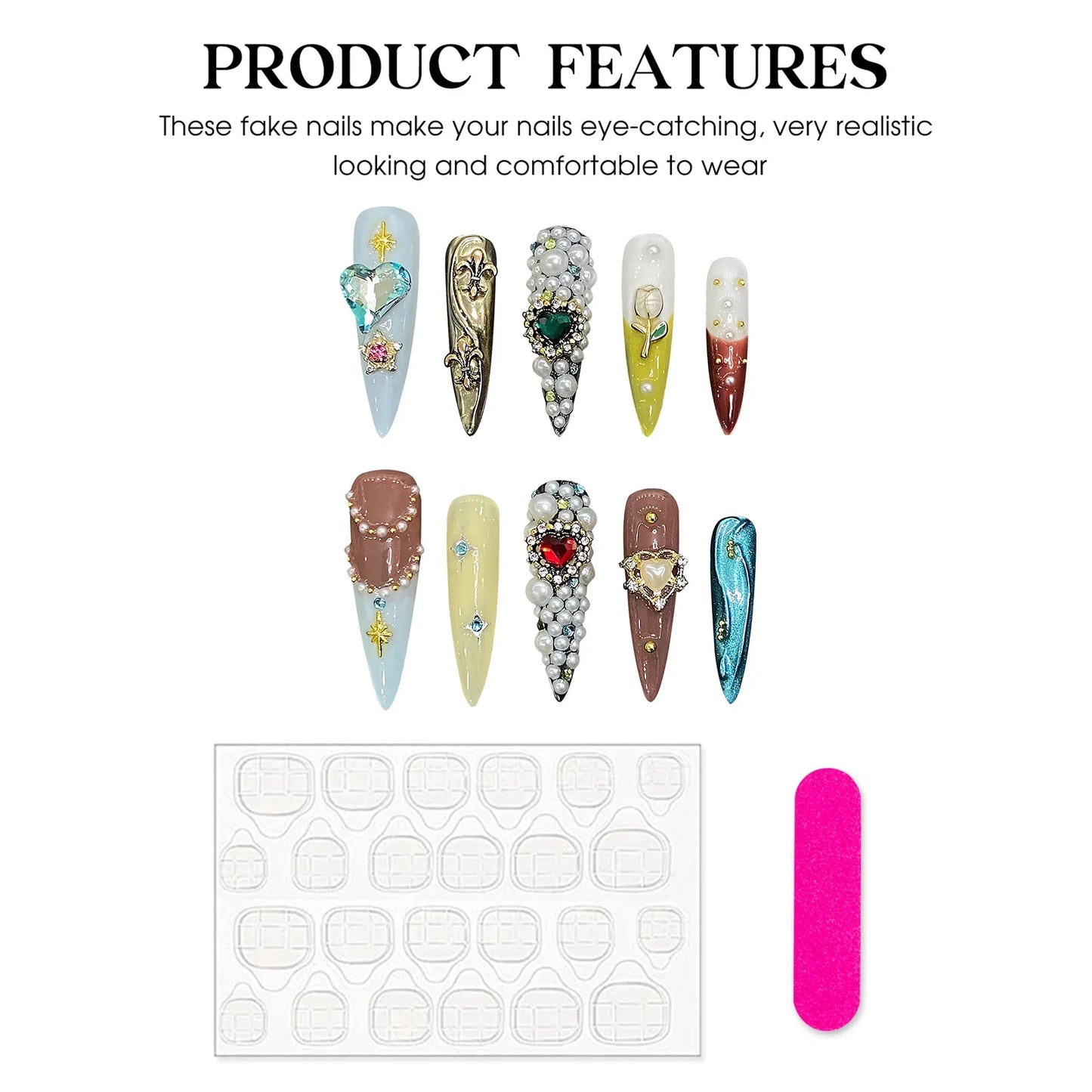 10 uñas postizas francesas hechas a mano con diseño de flores de tulipán, perla, corazón y diamante, uñas postizas de lujo para mujer.