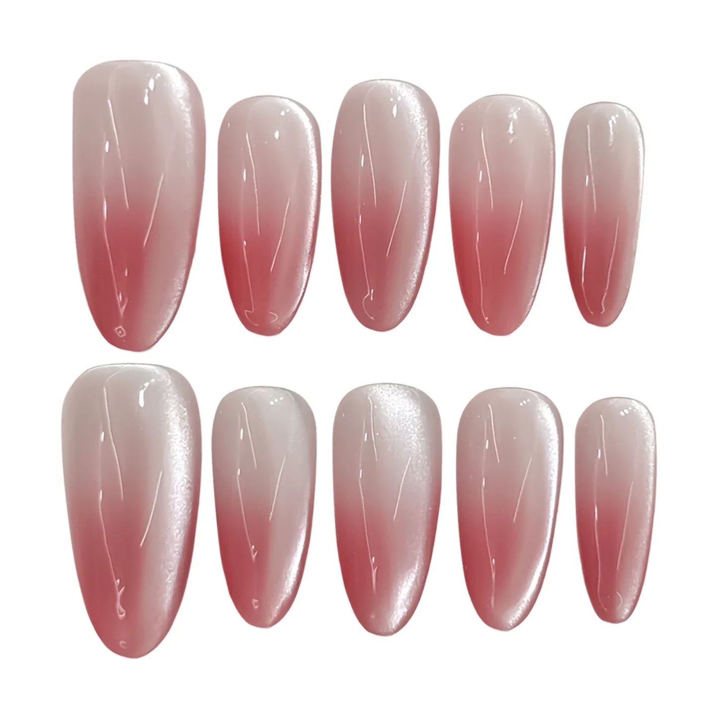 10 parches de uñas postizas con degradado de rubor, estilo ojo de gato, almendra, estilo francés, hechos a mano, para manicura sencilla DIY.