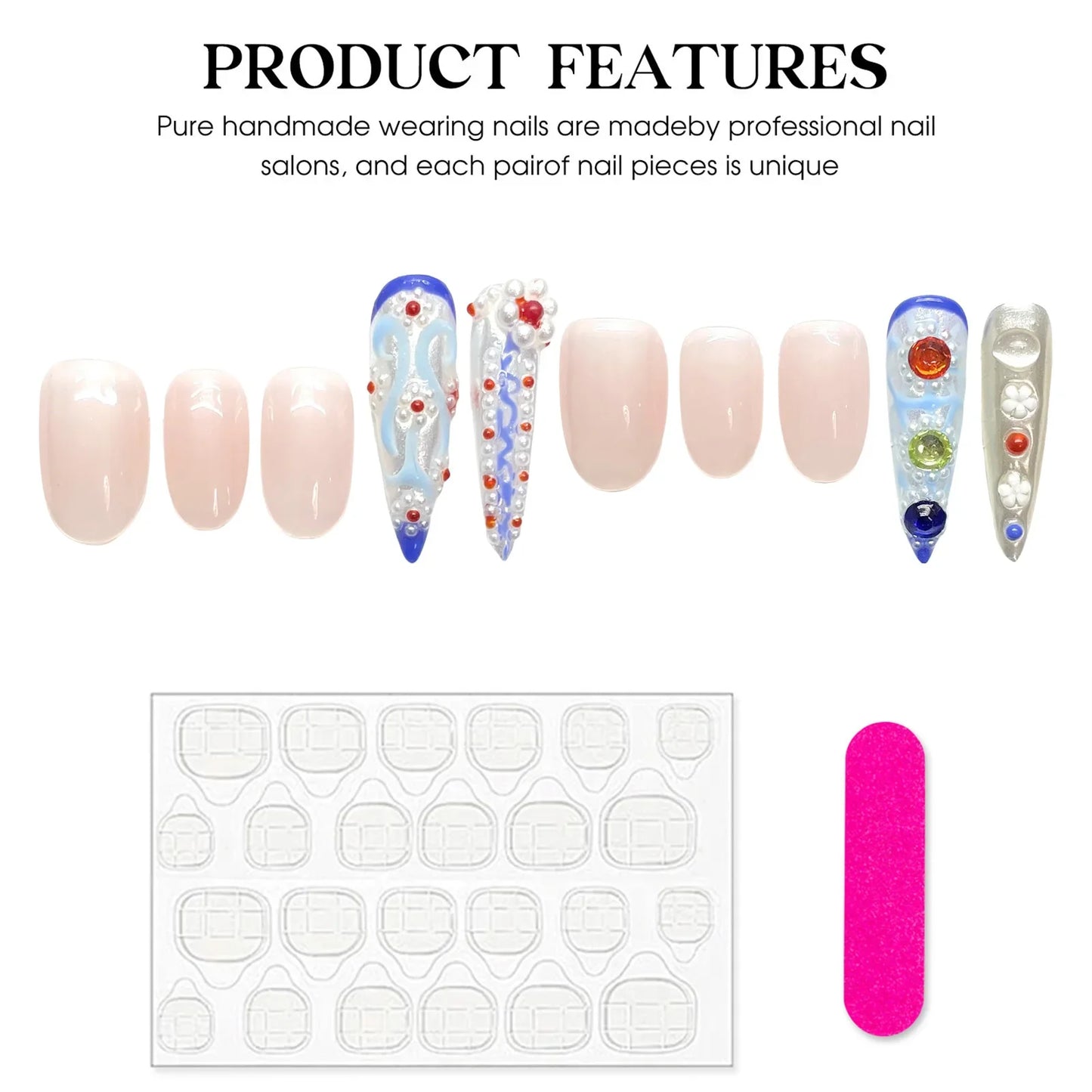 10 uñas postizas estilo retro hechas a mano, estilo chino, almendra brillante y stiletto largo de lujo para mujer.