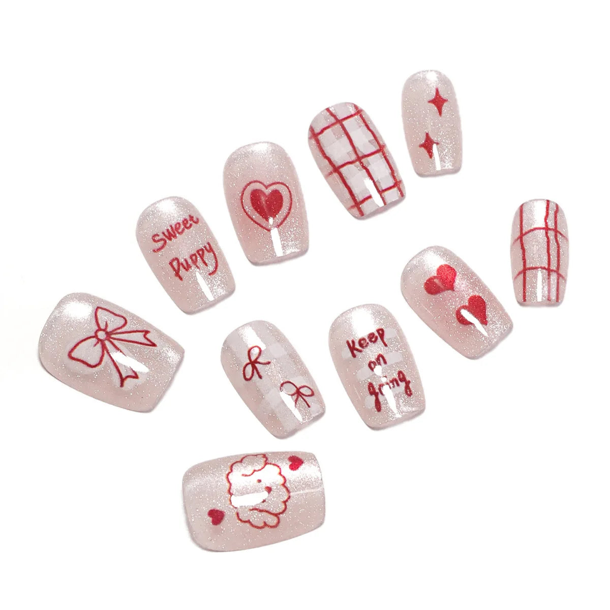 10 uñas postizas hechas a mano con diseño de perro kawaii, diseño de ojo de gato, lazos rojos, diseño de corazón, uñas postizas encantadoras.