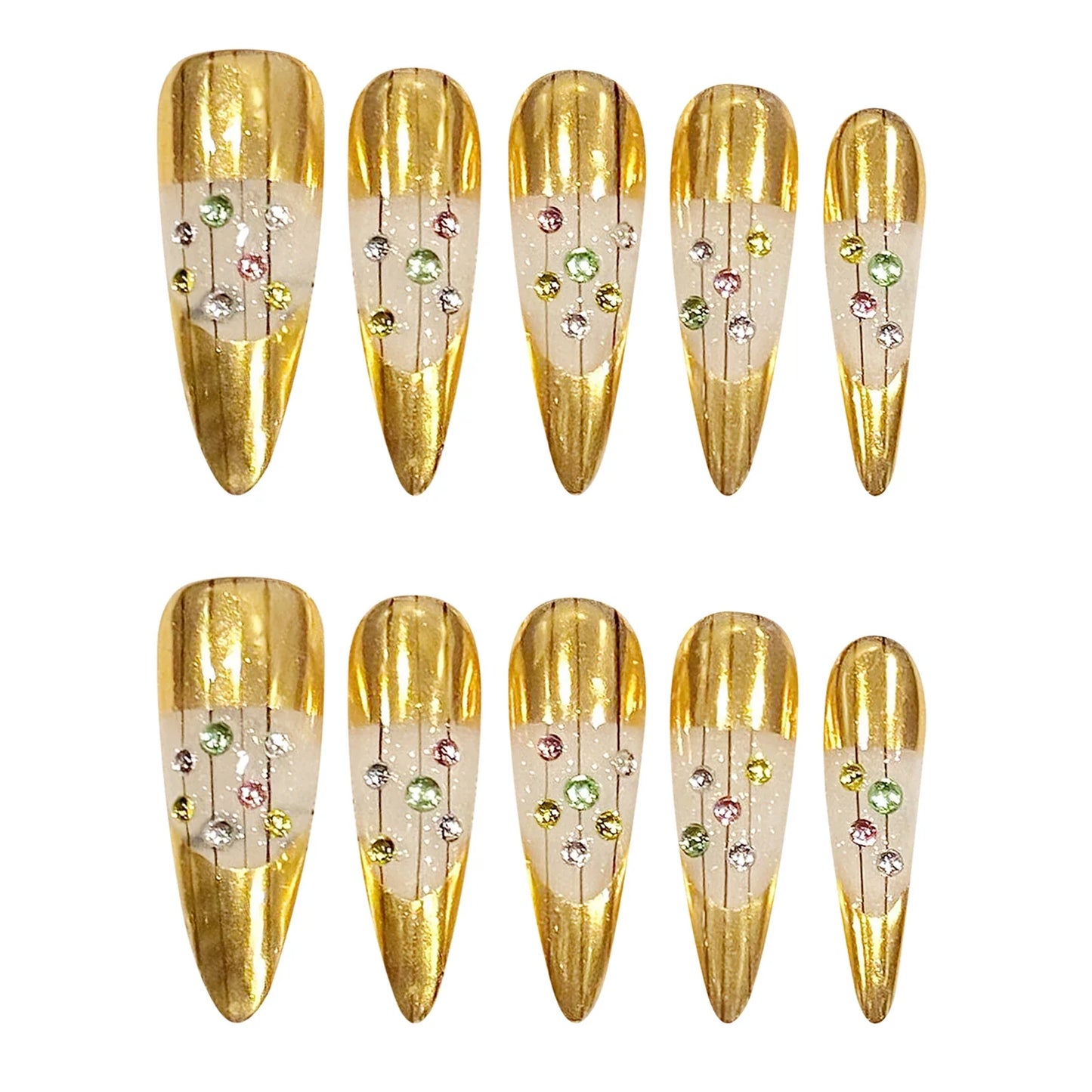 10 uñas postizas doradas hechas a mano, ligeras y lujosas, con diseños de diamantes brillantes, parches de uñas postizas almendradas largas desmontables.