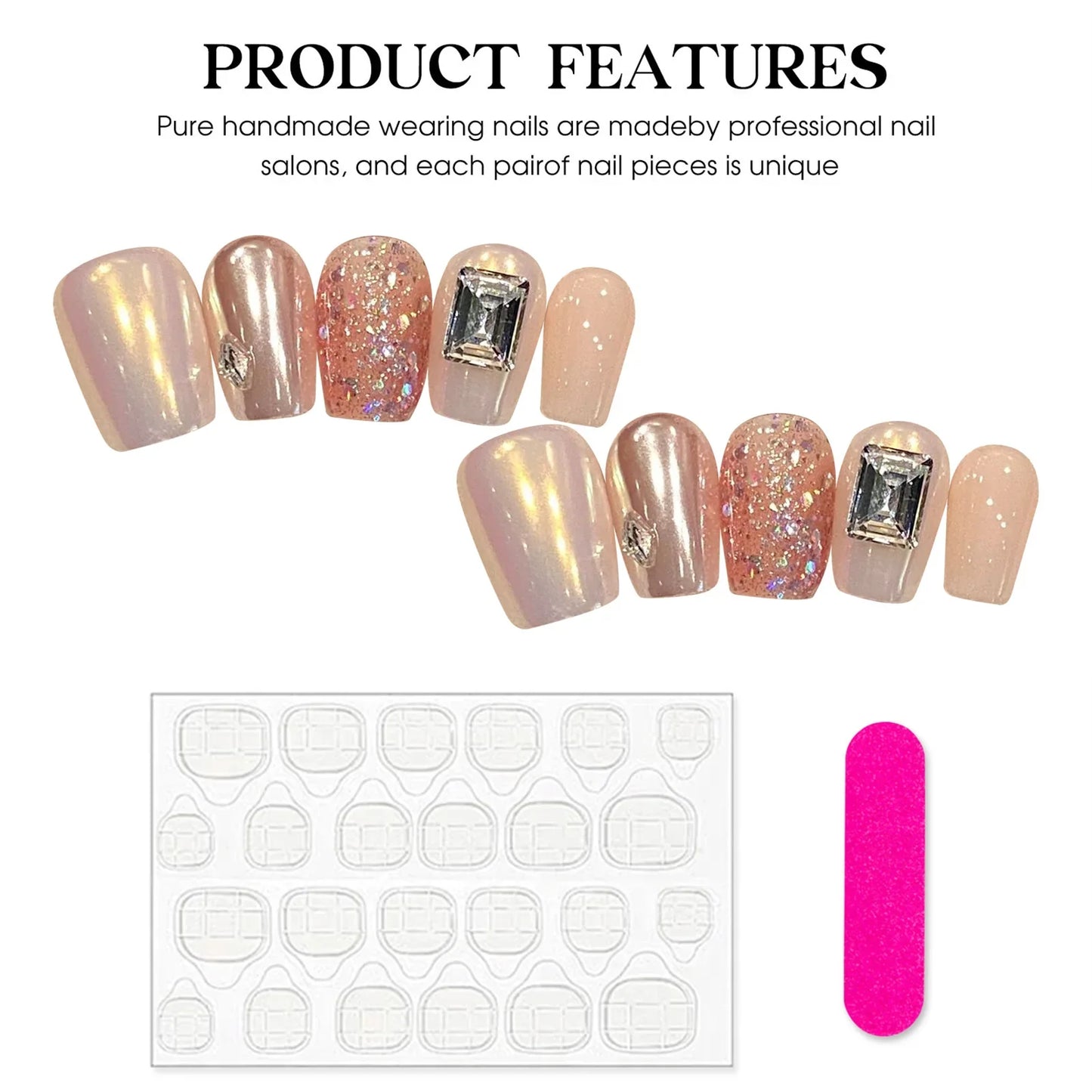 10 uñas postizas cuadradas cortas a presión, color rosa aurora, con brillantes diseños de diamantes de imitación, hechas a mano, con lentejuelas brillantes.