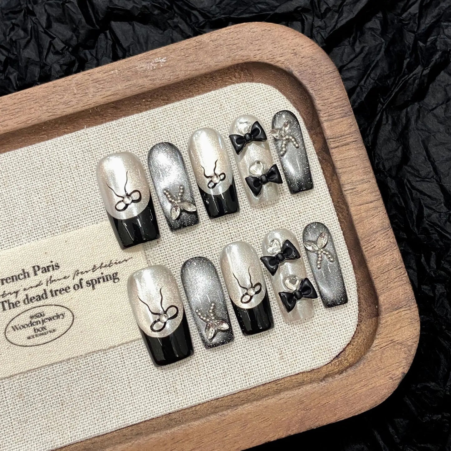 10pcs Black French Handmade Fake Nails Y2k Black Bowknots Butterfly Diamond Press On Nail Glossy Cat Eye Sweet Cool False Nails