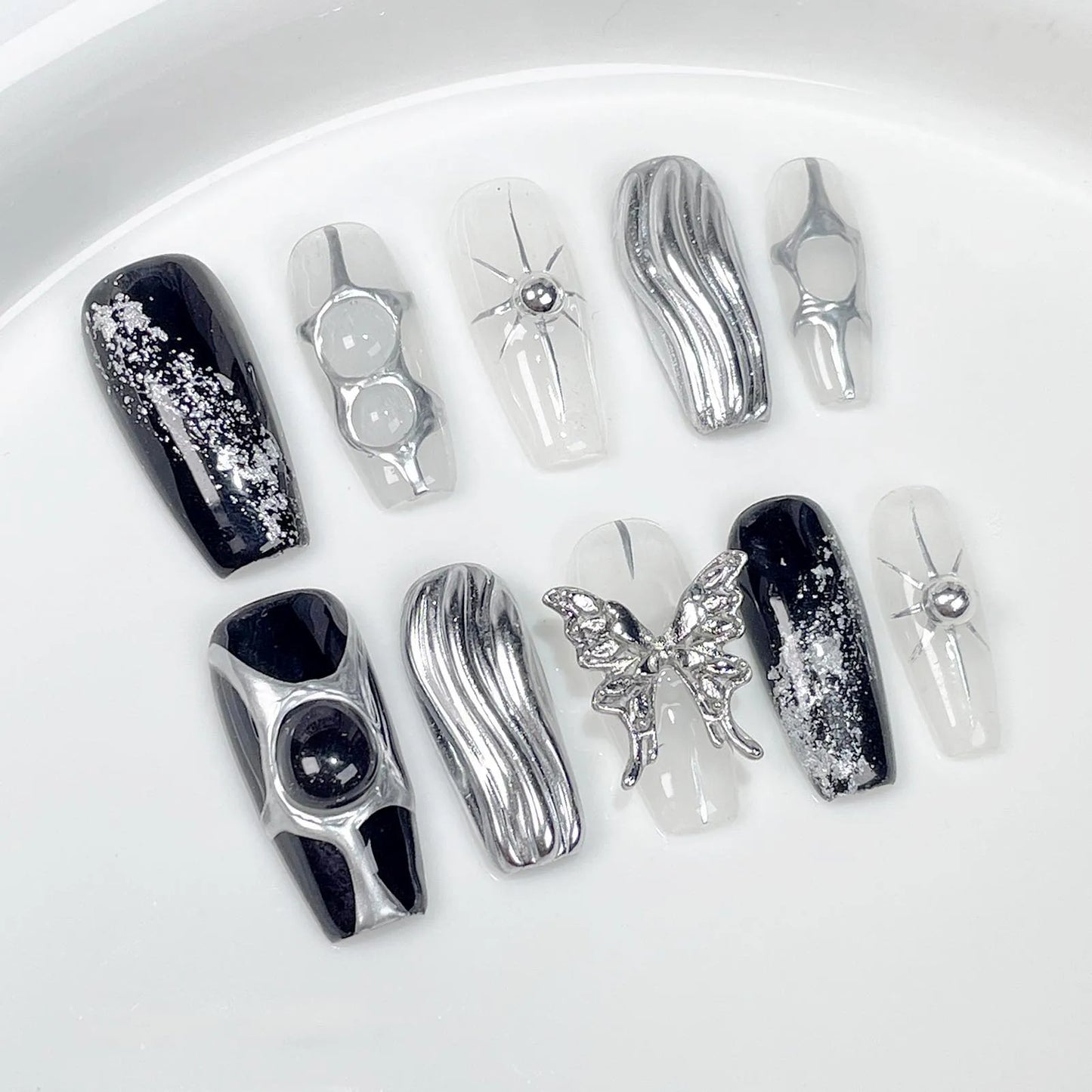 10pcs Y2k Black French Press On Nails Handmade Crocodile Pattern Five-point Star False Nails Metal Punk Style DIY Manicure Art