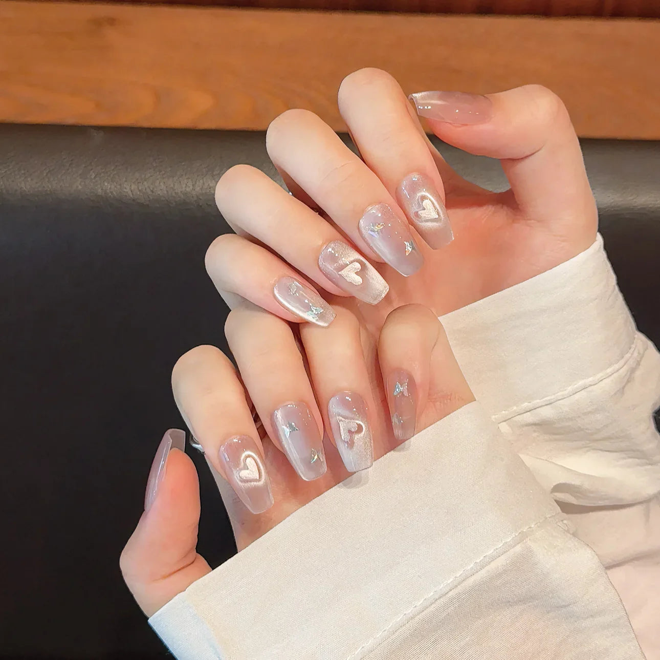 10 Stück handgefertigte Press-On-Nägel, Glitzer, Rosa, Liebesherz, Katzenauge, künstliche Nagelspitzen, vollständige Abdeckung, modische künstliche Nägel für Frauen und Mädchen