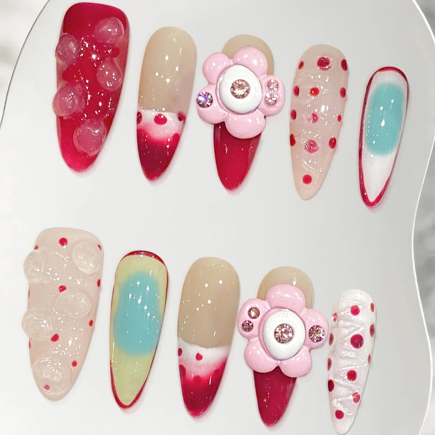 10 uñas postizas francesas rojas, brillantes, rosa rubor, hechas a mano, con diseños florales 3D, reutilizables, largas, almendradas.