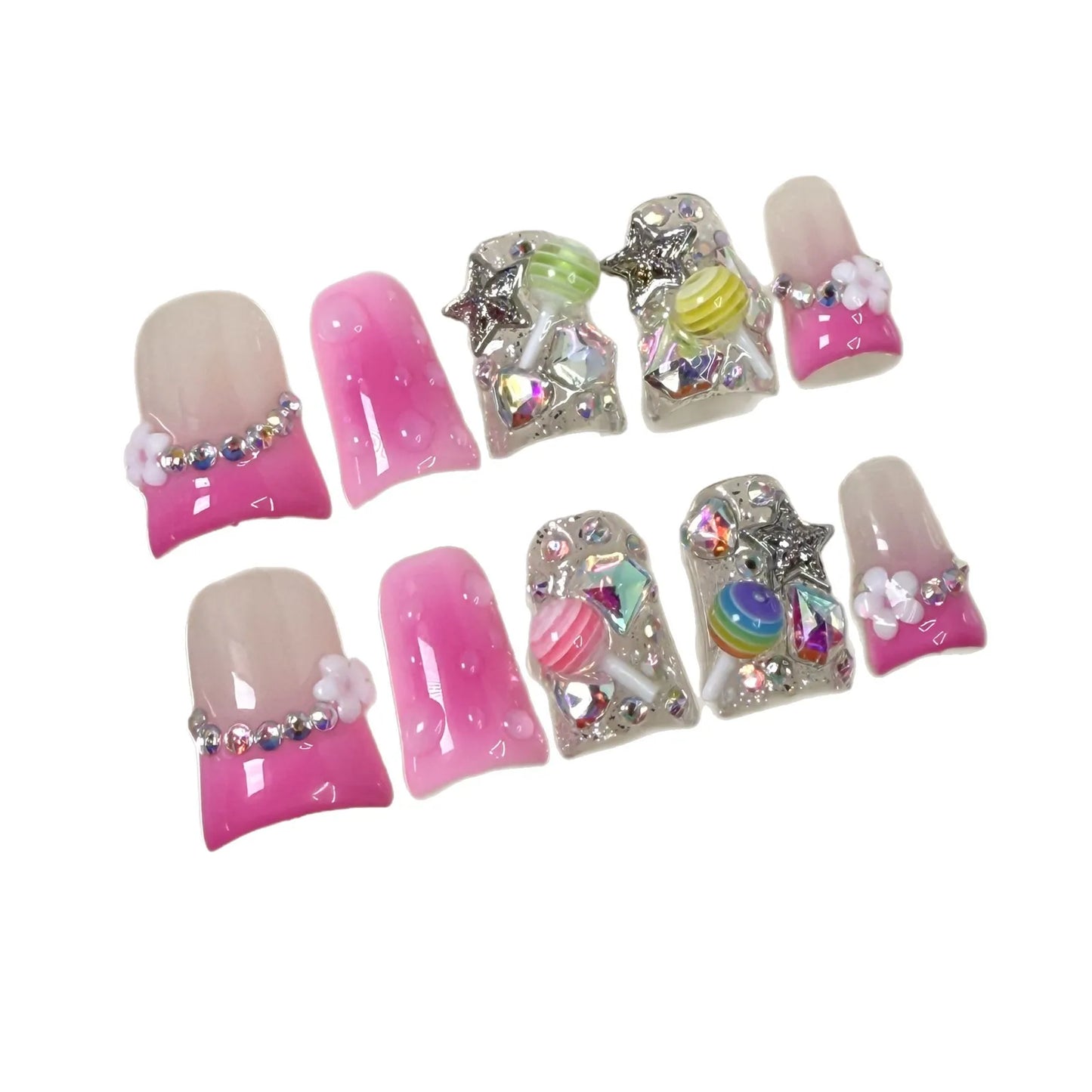 10 uñas postizas de fantasía con diseño de piruleta, color rosa degradado, estilo francés, Y2k, con forma de estrella y diamante, uñas postizas con diseño de pico de pato dulce.