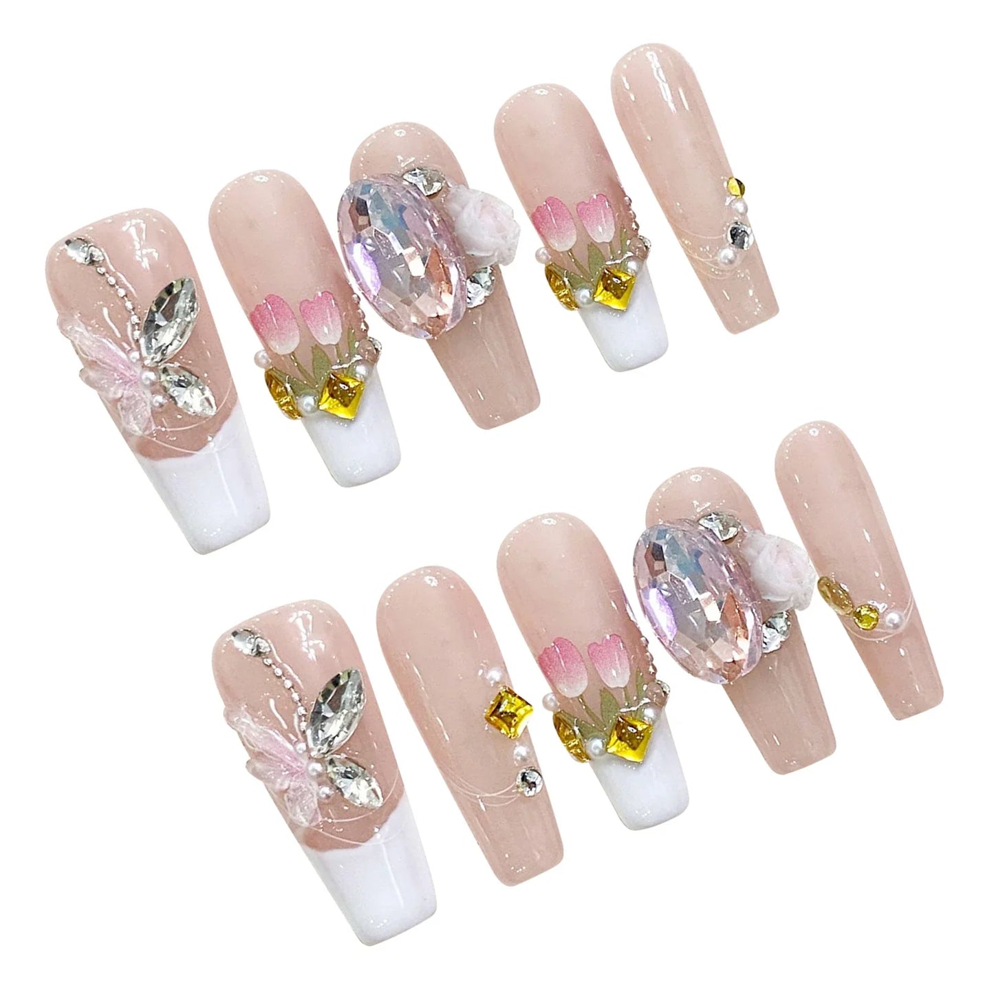 10 uñas postizas francesas blancas hechas a mano, color rosa suave, largas, estilo ataúd, con diseño de flor de tulipán 3D y diamantes brillantes.