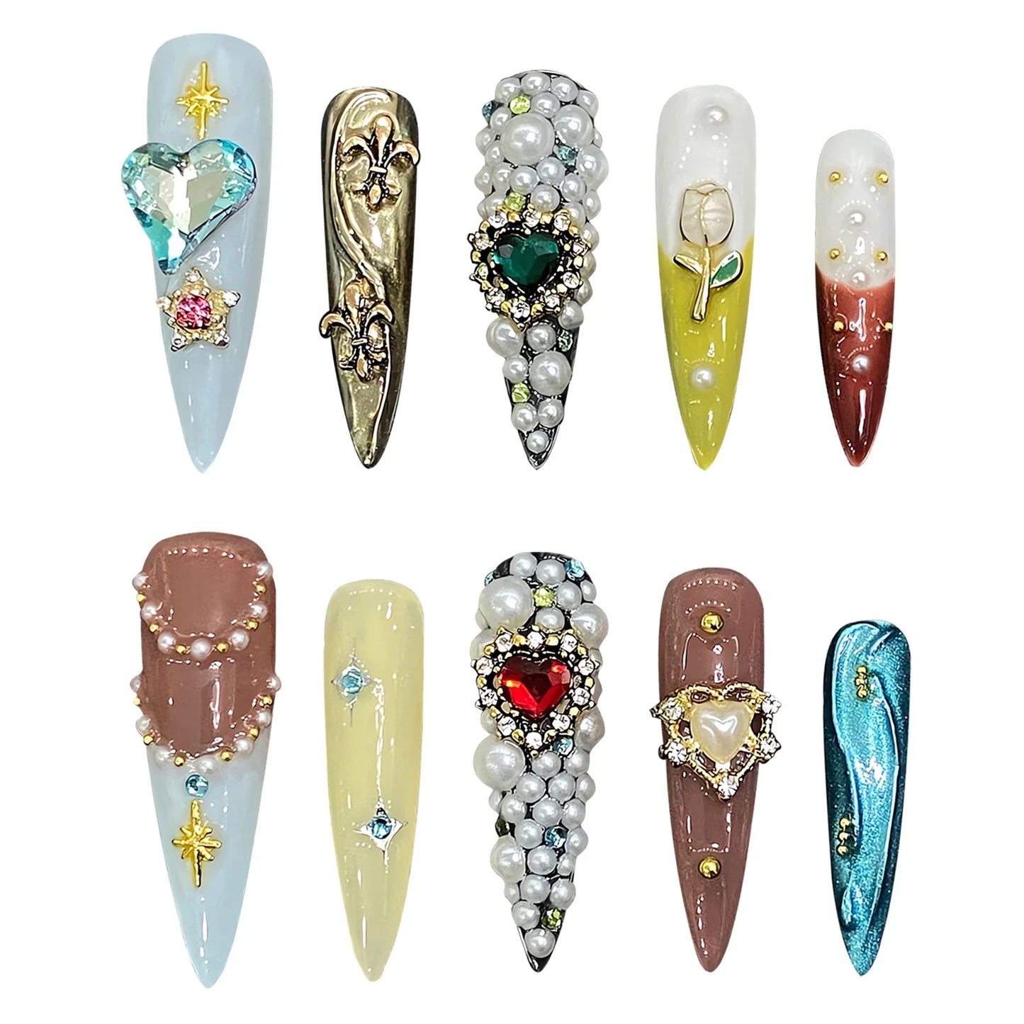 10 uñas postizas francesas hechas a mano con diseño de flores de tulipán, perla, corazón y diamante, uñas postizas de lujo para mujer.