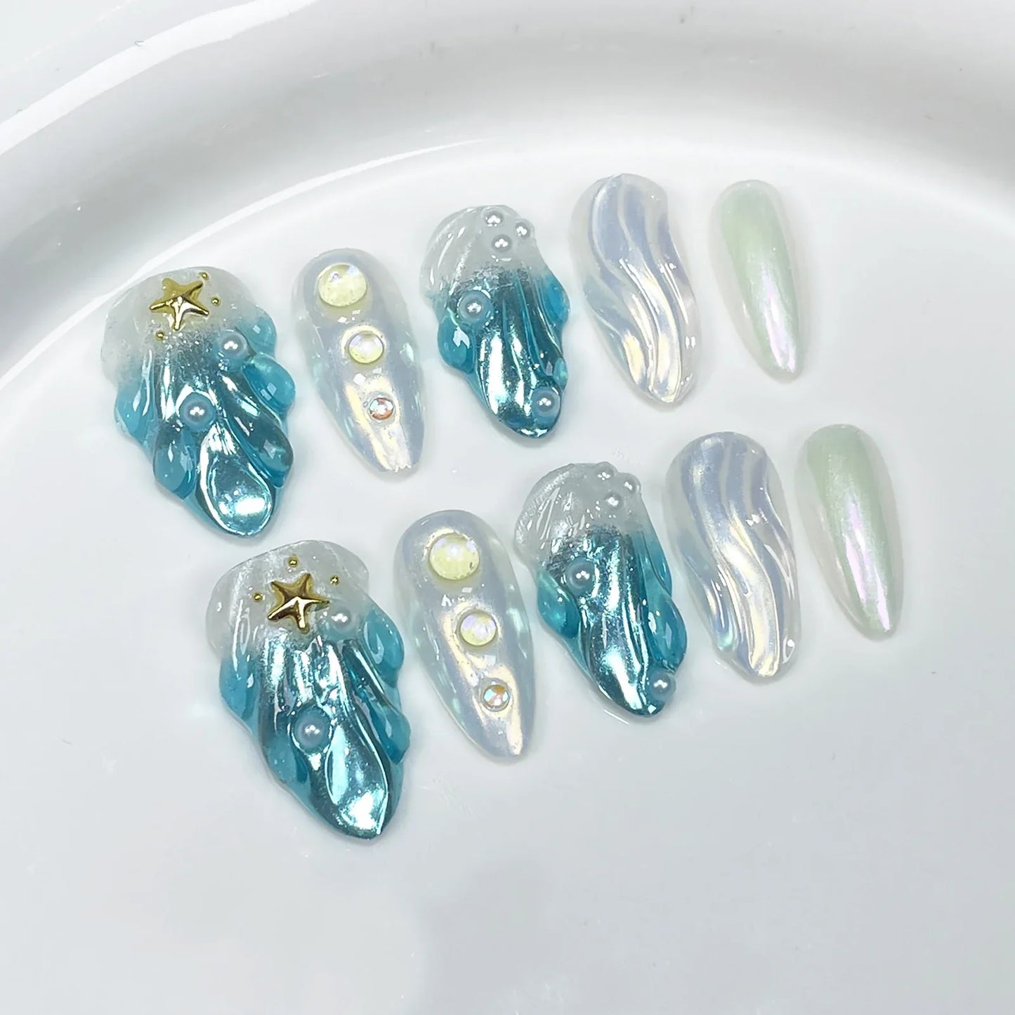 10pcs 3D Summer Handmade Fake Nails Glossy French Style Press On Nail Fflash Shells Pearl Golden Star Designs Press On Nails