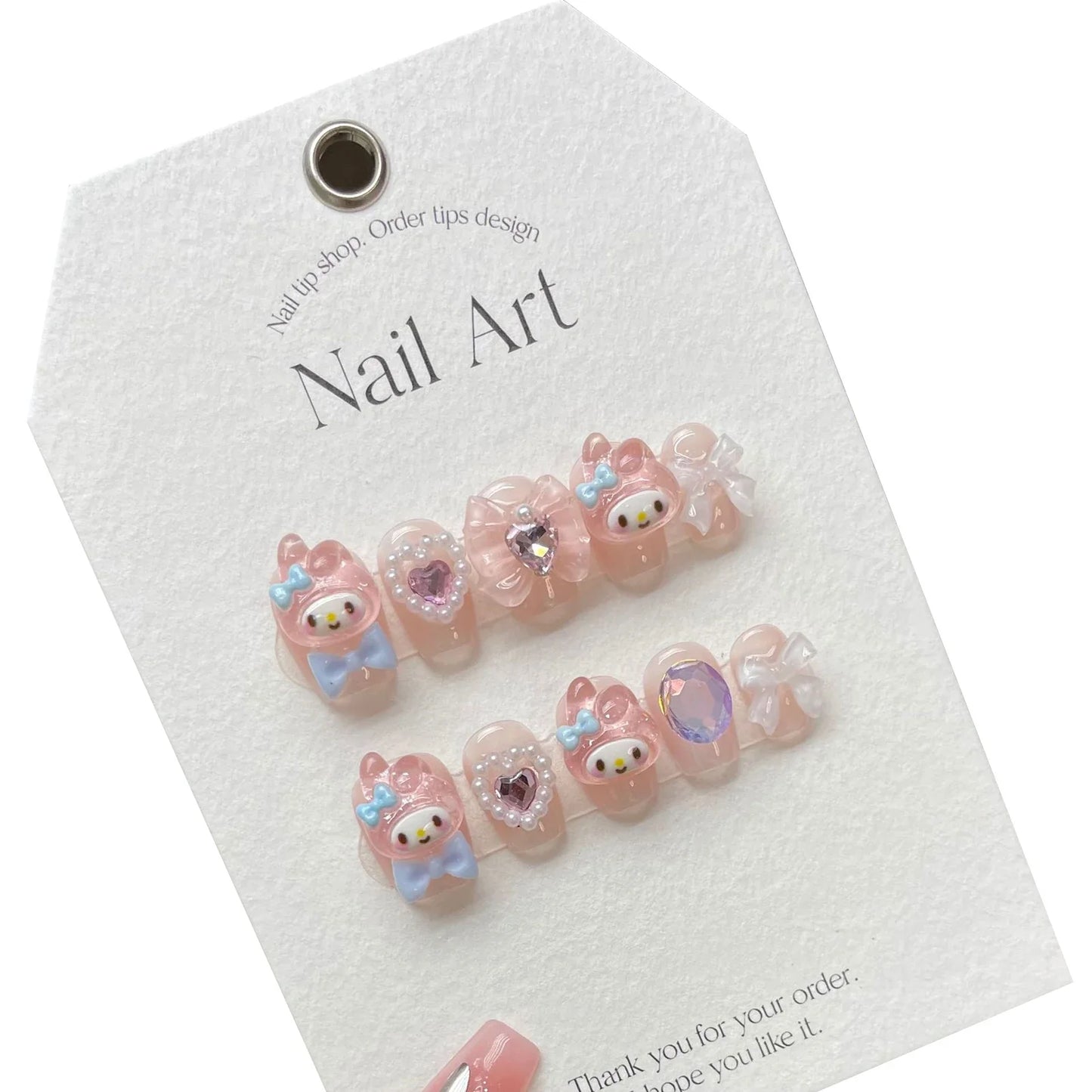 10 uñas postizas hechas a mano, color rosa claro, con diseño de dibujos animados, parches con lazos 3D y perlas, puntas de uñas postizas coreanas.
