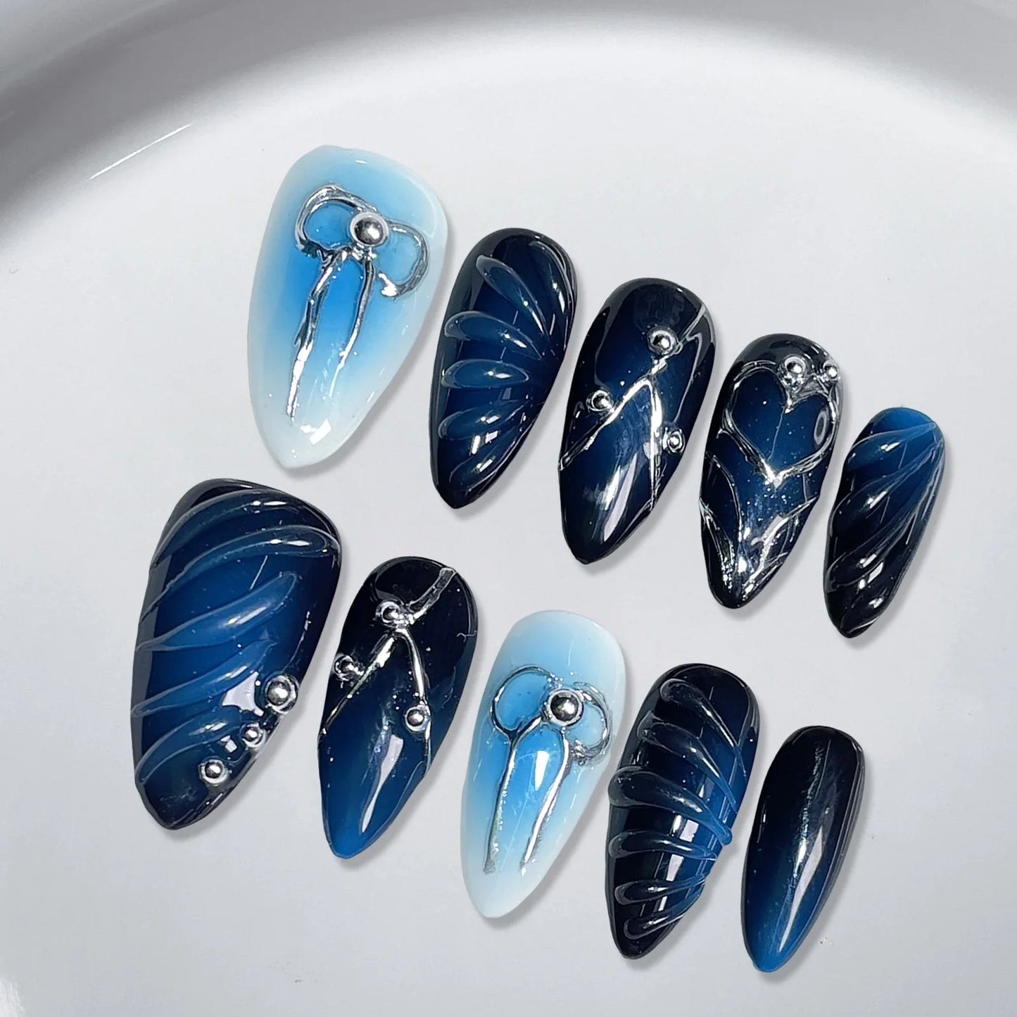 10 uñas postizas hechas a mano con degradado de rubor azul, ondas de agua 3D, lazos, decoración, estilo Y2k, manicura almendra usable.