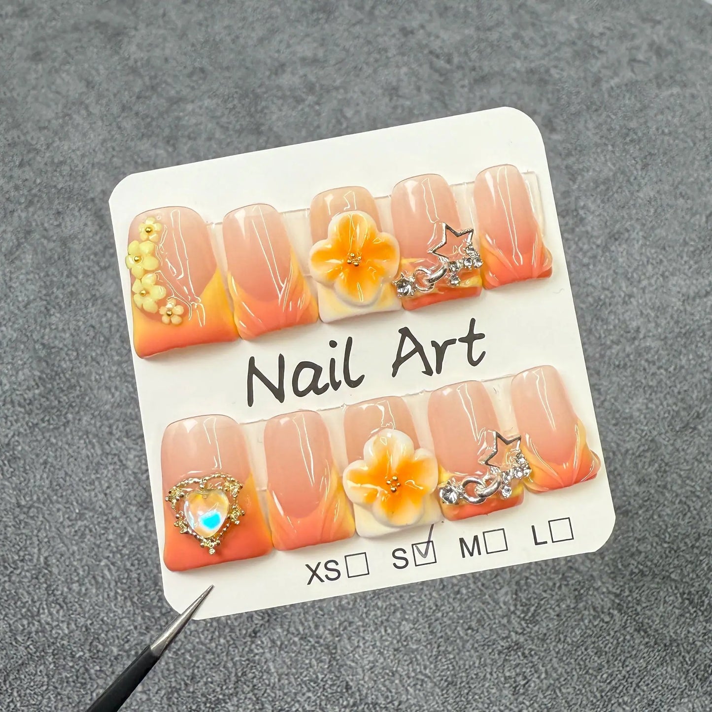 10 Stück Handgemachte Press On Nails Farbverlauf Vitalität Orange Französischer Stil Gefälschte Nägel Y2k Stern 3D Schnitzerei Blumendekor Sommer Falsche Nägel