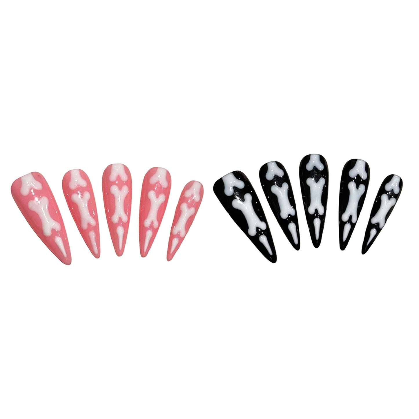 10 uñas postizas con temática de Halloween, hechas a mano, con diseño de garra de gato en degradado, color rosa y negro, con parches largos de aguja.